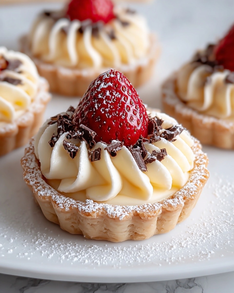 A small tart with a light tan, crumbly crust forms the base, filled with creamy, pale yellow whipped filling that is piped in smooth, wavy layers. On top of the cream sits a bright red strawberry, glossy and fresh-looking. Around the strawberry, small dark brown chocolate shavings are scattered, and the crust edge is dusted with fine white powdered sugar. The tart sits on a white plate on a white marbled surface, with other similar tarts blurred in the background. photo taken with an iphone --ar 4:5 --v 7