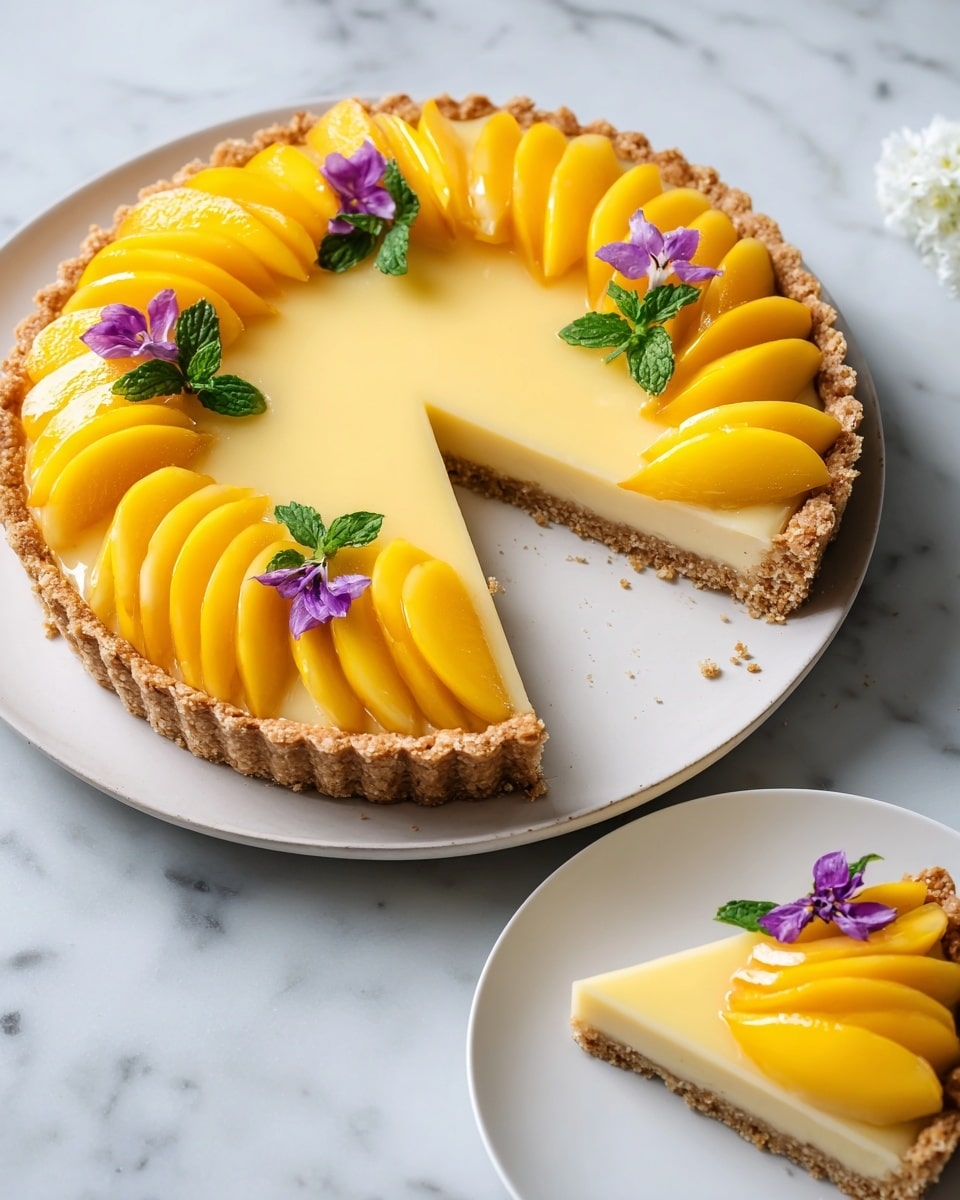 A yellow mango tart with a golden brown crust sits on a white plate placed on a white marbled surface. The tart has three main layers: a crumbly crust bottom, a smooth pale yellow custard middle, and a glossy bright yellow mango topping. On top, neatly arranged mango slices circle the edge of the tart, decorated with small green mint leaves and purple edible flowers. A slice has been cut out and placed on a white plate to the right, showing the distinct layers. The overall look is fresh and colorful with a shiny finish. Photo taken with an iphone --ar 4:5 --v 7