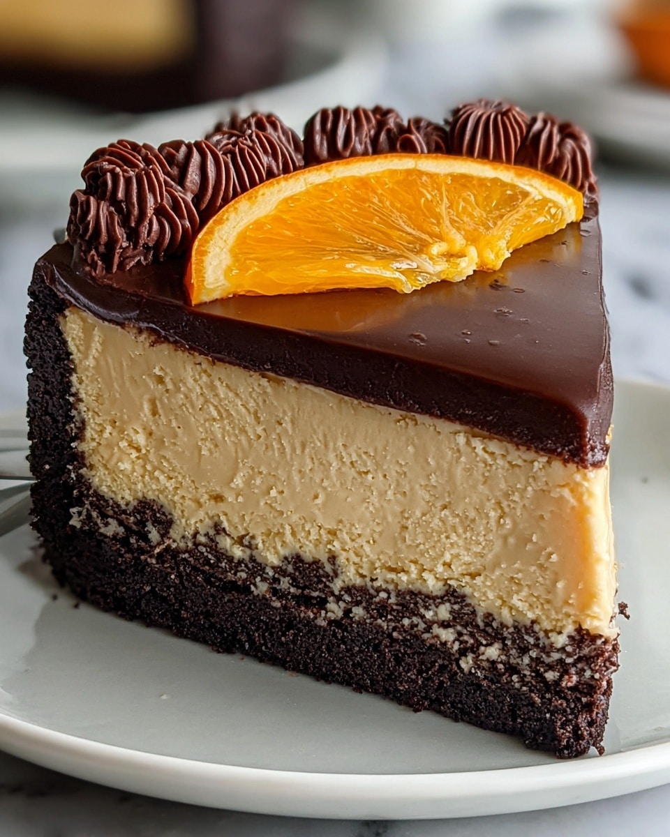 A slice of cake with three main layers is shown on a white plate on a white marbled surface. The bottom layer is dark brown and looks crumbly like a chocolate cookie crust. The middle layer is thick, smooth, and creamy with a light beige color. The top layer is a shiny, thick, dark chocolate ganache covering the cake and decorated with piped chocolate swirls around the edges. A fresh orange slice sits on top in the center, adding a bright color contrast. The photo taken with an iphone --ar 4:5 --v 7