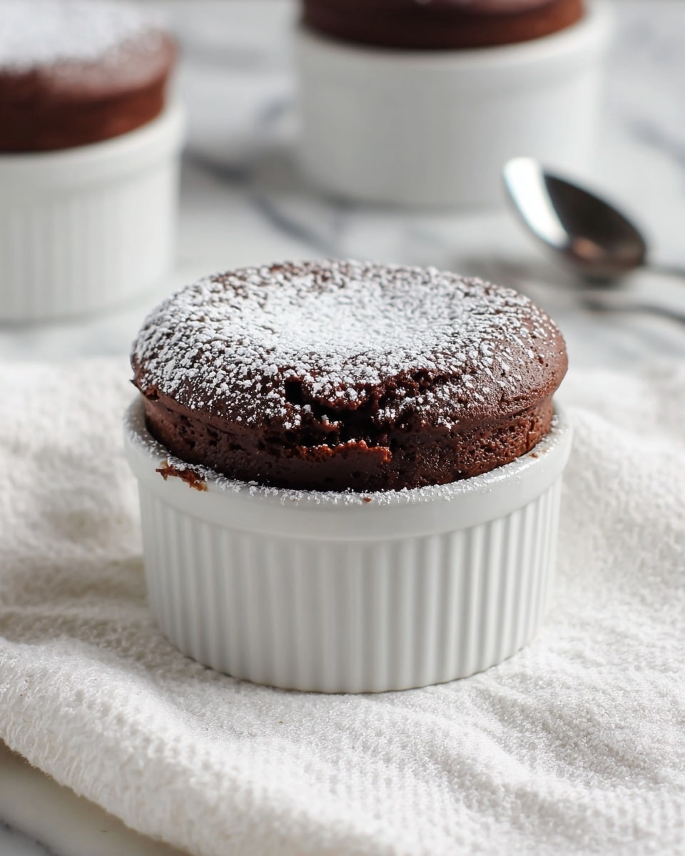 A dark brown chocolate souffle with a light, airy texture rises above the rim of a white, ribbed ramekin. The top surface is slightly domed and dusted with a fine layer of white powdered sugar, adding a delicate contrast. The souffle looks soft and moist, showing small air holes and a slightly cracked edge where it meets the ramekin. In the background, two more souffles in white ramekins are softly blurred, and a silver spoon is placed behind the main dish. The scene is set on a white marbled surface covered partially by a textured white cloth. photo taken with an iphone --ar 4:5 --v 7