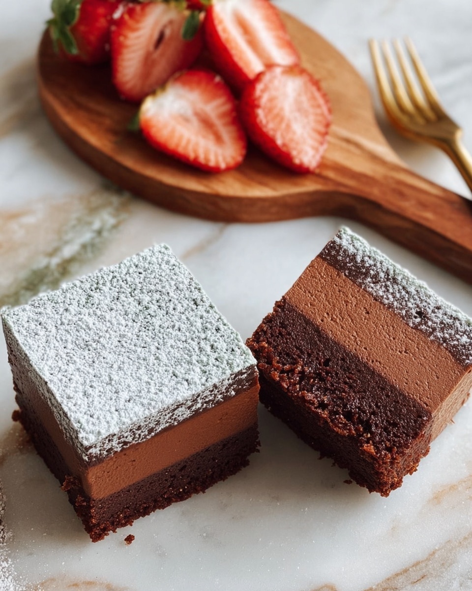 The image shows two square pieces of chocolate cake placed on a white marbled surface. The piece on the right reveals a three-layer structure: a top layer of dry, crumbly dark brown cake, a middle smooth and glossy chocolate mousse layer in medium brown, and a bottom dense chocolate cake layer in a darker brown shade. The piece on the left is topped with a thick dusting of white powdered sugar, covering the surface completely. Nearby, on a round wooden board, are whole and sliced bright red strawberries. Above the cake pieces, a golden fork and knife rest on the white marbled surface. photo taken with an iphone --ar 4:5 --v 7