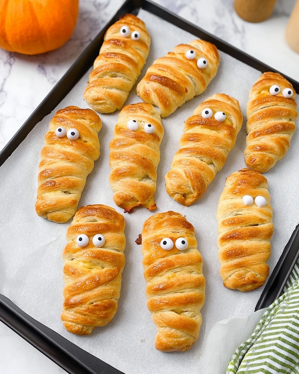 The image shows eight mummy-shaped pastries arranged on white parchment paper over a black tray, placed on a white marbled surface with a green striped cloth nearby and a small orange pumpkin in the background. Each pastry is golden brown with a smooth, shiny crust wrapped in thin, crisscrossed dough strips to look like mummy bandages. They all have two small white and black candy eyes on the upper part, giving them a cute and playful expression. Some melted cheese is slightly visible beneath the dough wrapping, especially around the edges, adding a creamy texture contrast. photo taken with an iphone --ar 4:5 --v 7