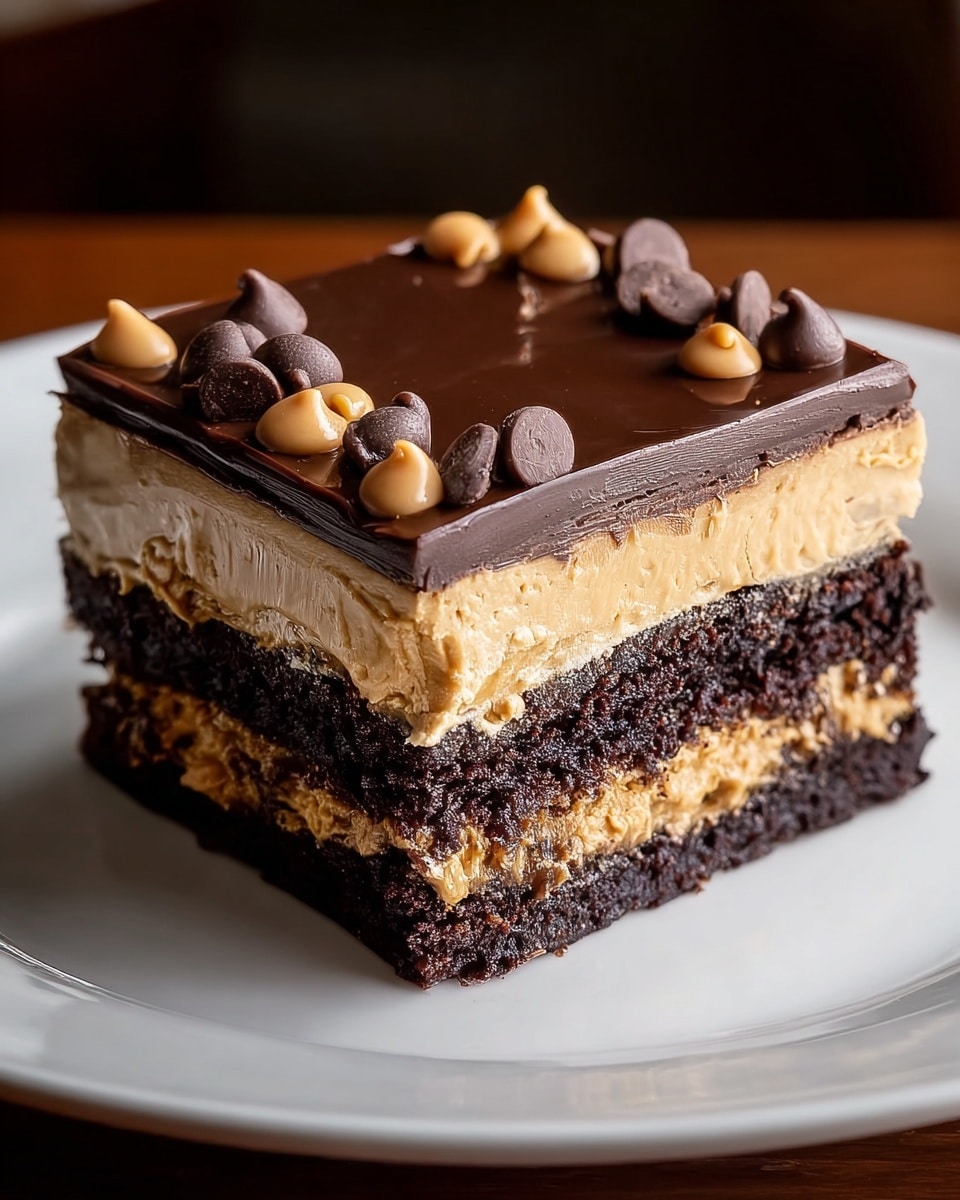 A square slice of layered cake sits on a white plate with a smooth white marbled texture surface underneath. The bottom layer is dark, moist chocolate cake, topped by a thick creamy peanut butter layer with a light brown color and smooth texture. Above this sits another layer of dark chocolate cake, thin and slightly crumbly, covered by a shiny, thick layer of rich chocolate ganache that is smooth and glossy. On top, small round chocolate chips, both dark brown and peanut butter colored, are scattered as decoration. The scene is warm and inviting with soft lighting highlighting the cake's textures and colors. photo taken with an iphone --ar 4:5 --v 7