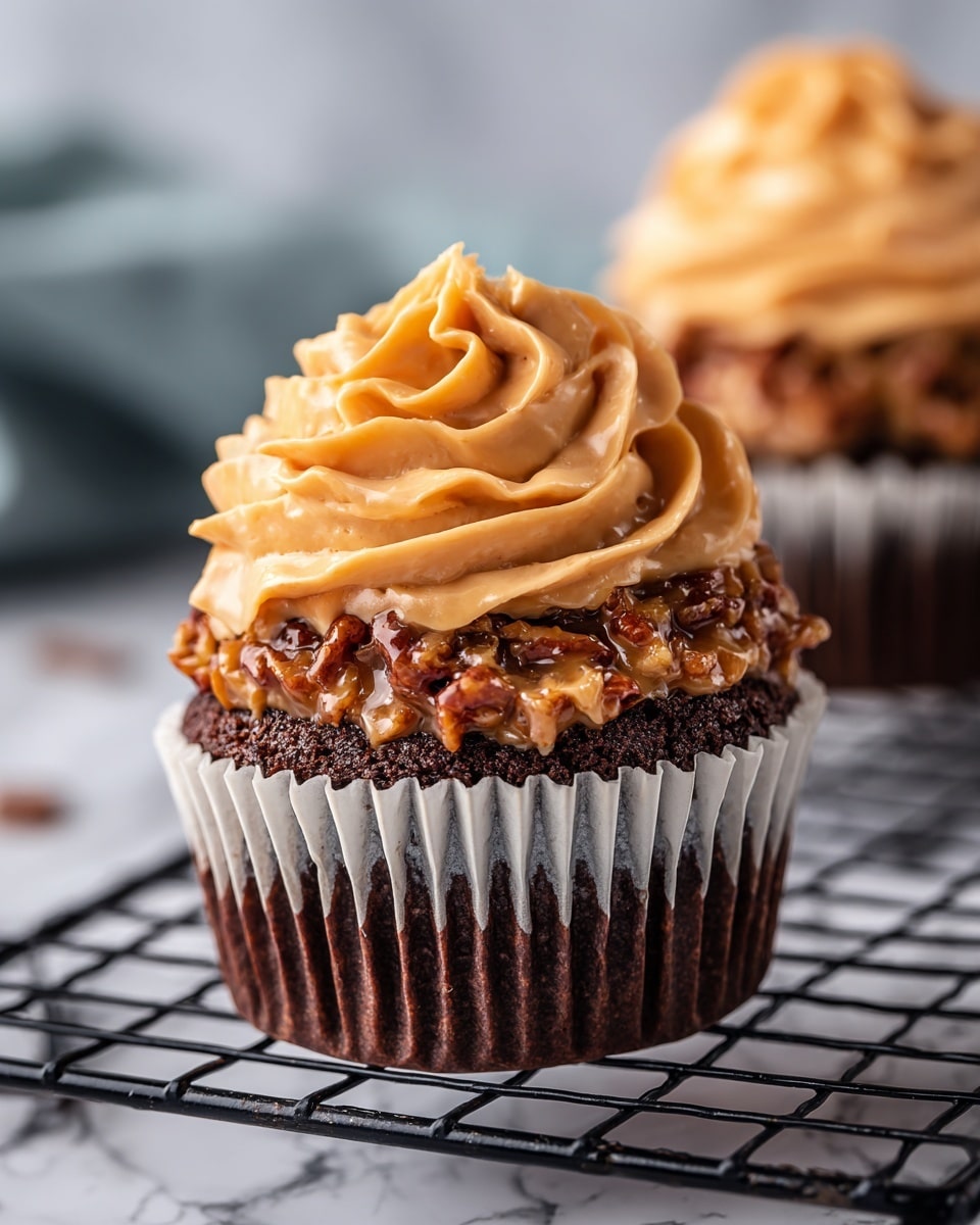 The image shows a German chocolate cupcake with three main layers. The bottom layer is a dark brown chocolate cake in a white paper cupcake liner. The middle layer is a thick, caramel-colored coconut and pecan frosting with a chunky texture, sitting generously on top of the cake. The top layer is a swirl of smooth, light brown chocolate frosting with a creamy texture, piped neatly. The cupcake is placed on a black cooling rack, set against a white marbled background. In the blurred background, another similar cupcake is visible. The light is soft, highlighting the textures and rich colors of the cupcake. Photo taken with an iphone --ar 4:5 --v 7
