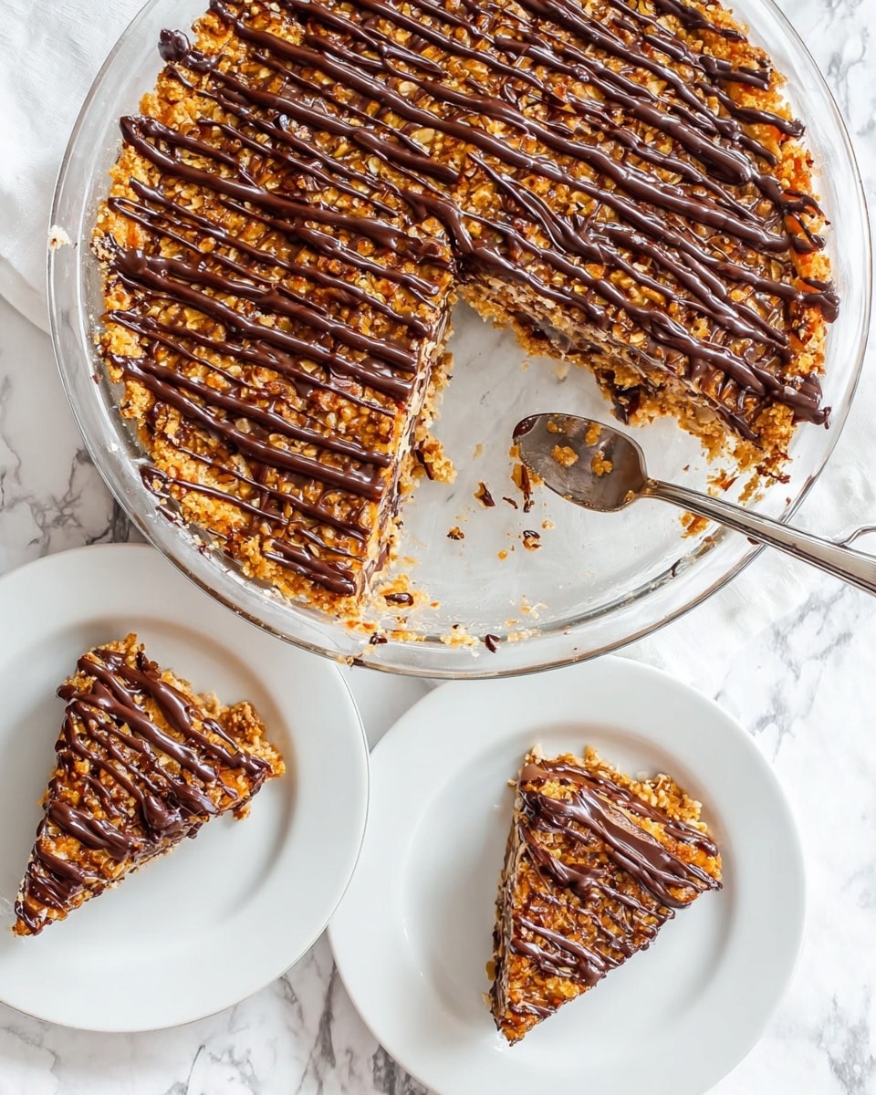 The image shows a round dessert in a clear glass pie dish with a missing slice. The dessert has a textured golden-brown base with oats and nuts, topped with thick, dark chocolate drizzled in vertical stripes evenly spaced across the whole surface. Two slices of the dessert are served on white plates, placed above the pie dish, showing the layers clearly: a crumbly golden base with chocolate drizzle on top. A silver fork rests inside the pie dish near the empty space where a piece was taken out. The background is a white marbled texture. Photo taken with an iphone --ar 4:5 --v 7