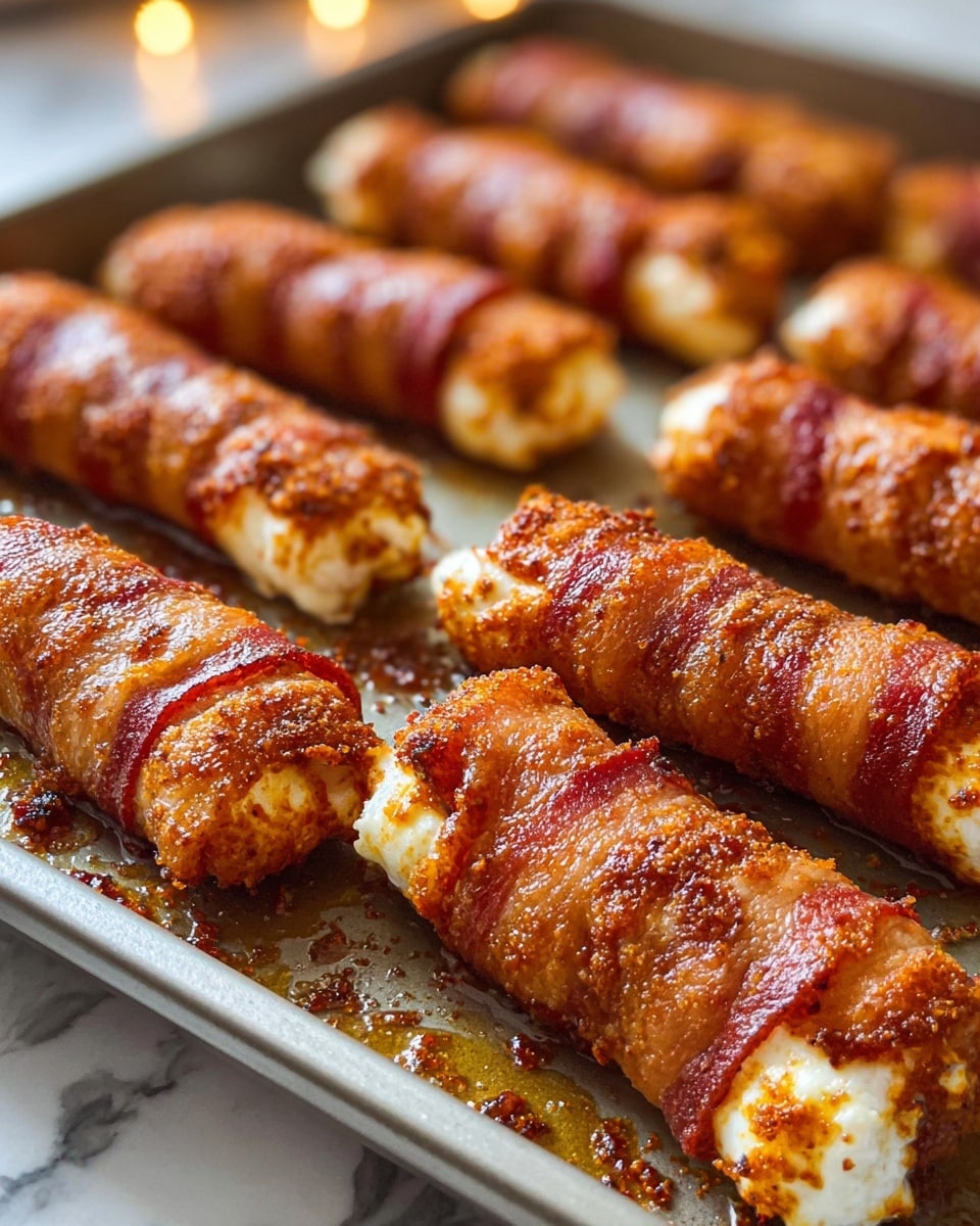 Several cooked bacon-wrapped cheese sticks lie on a baking tray. Each stick has one layer of white melted cheese on the inside, covered by a layer of crispy, brown bacon with seasoning on the outside. The cheese peeks out from the ends of the bacon wrap, showing its soft texture. The baking tray is dark and shiny with oil stains and crispy bits around the sticks. The tray rests on a surface with a white marbled texture. photo taken with an iphone --ar 4:5 --v 7