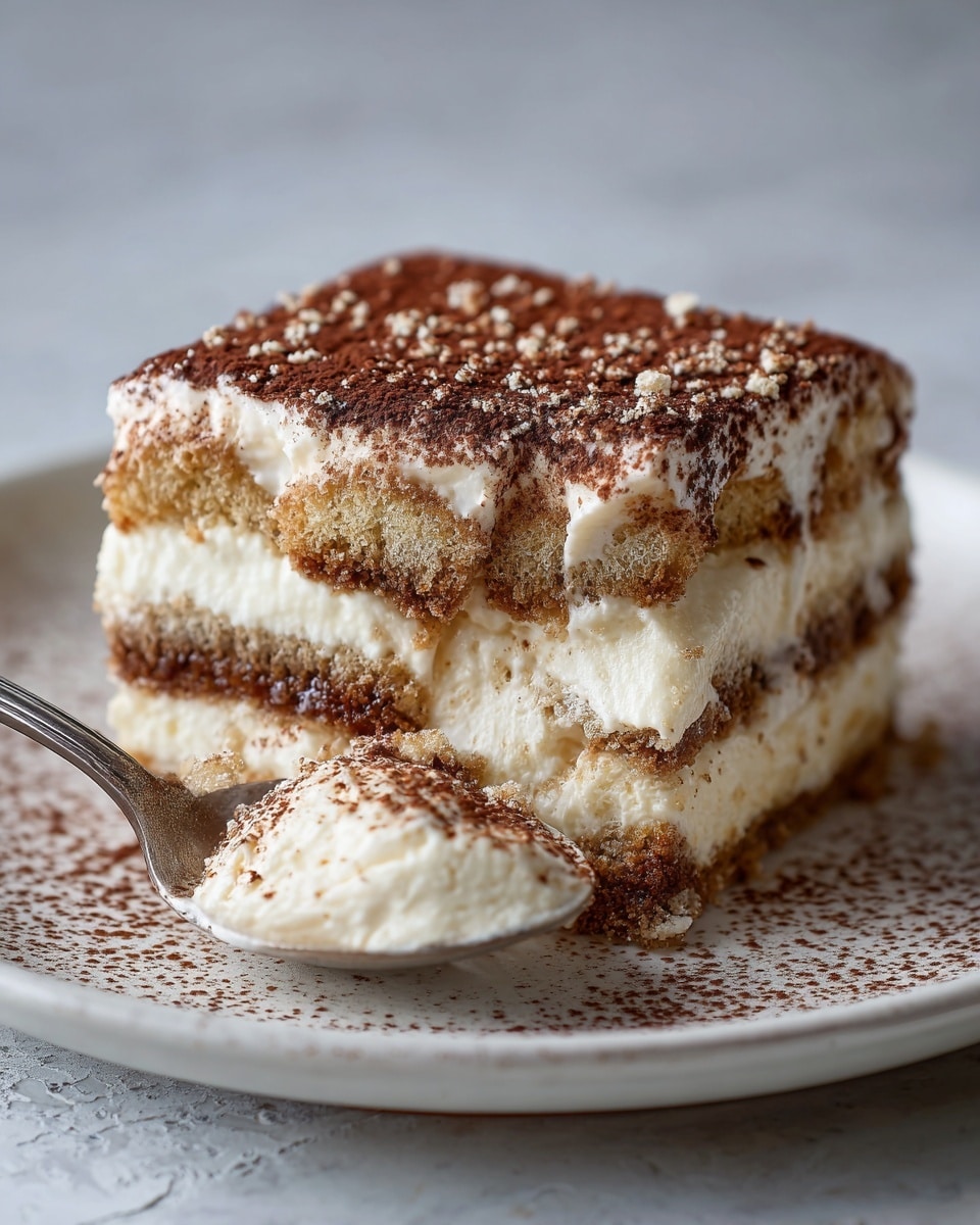 A square piece of tiramisu dessert on a large white plate with a white marbled texture surface, showing four layers of light brown soaked ladyfinger biscuits alternating with thick, creamy off-white mascarpone cheese layers; the top layer is dusted with fine cocoa powder and small bits of crumbly topping, giving a slightly rough texture. In front of the dessert, a silver spoon holds a scoop of tiramisu featuring the same creamy and soaked texture. The overall image shows the dessert moist and rich with soft, smooth cream and a delicate cocoa topping. Photo taken with an iphone --ar 4:5 --v 7