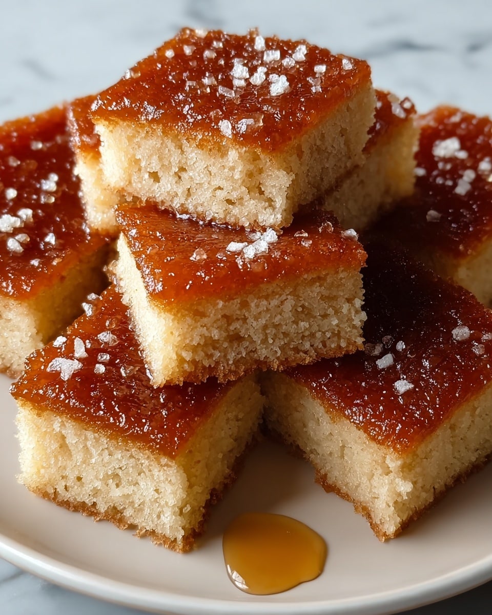 A white plate holds six square pieces of moist cake, stacked in a small pile. Each piece has two layers: a thick light beige, soft and fluffy base with a spongy texture, and a shiny caramel-brown top layer that looks sticky and slightly bubbly. The top layer glistens with syrup and is lightly sprinkled with small white granules, possibly sugar. The cakes show soft crumbs around the edges, and a small drop of syrup is visible on the plate near the bottom. The background is a white marbled surface. photo taken with an iphone --ar 4:5 --v 7