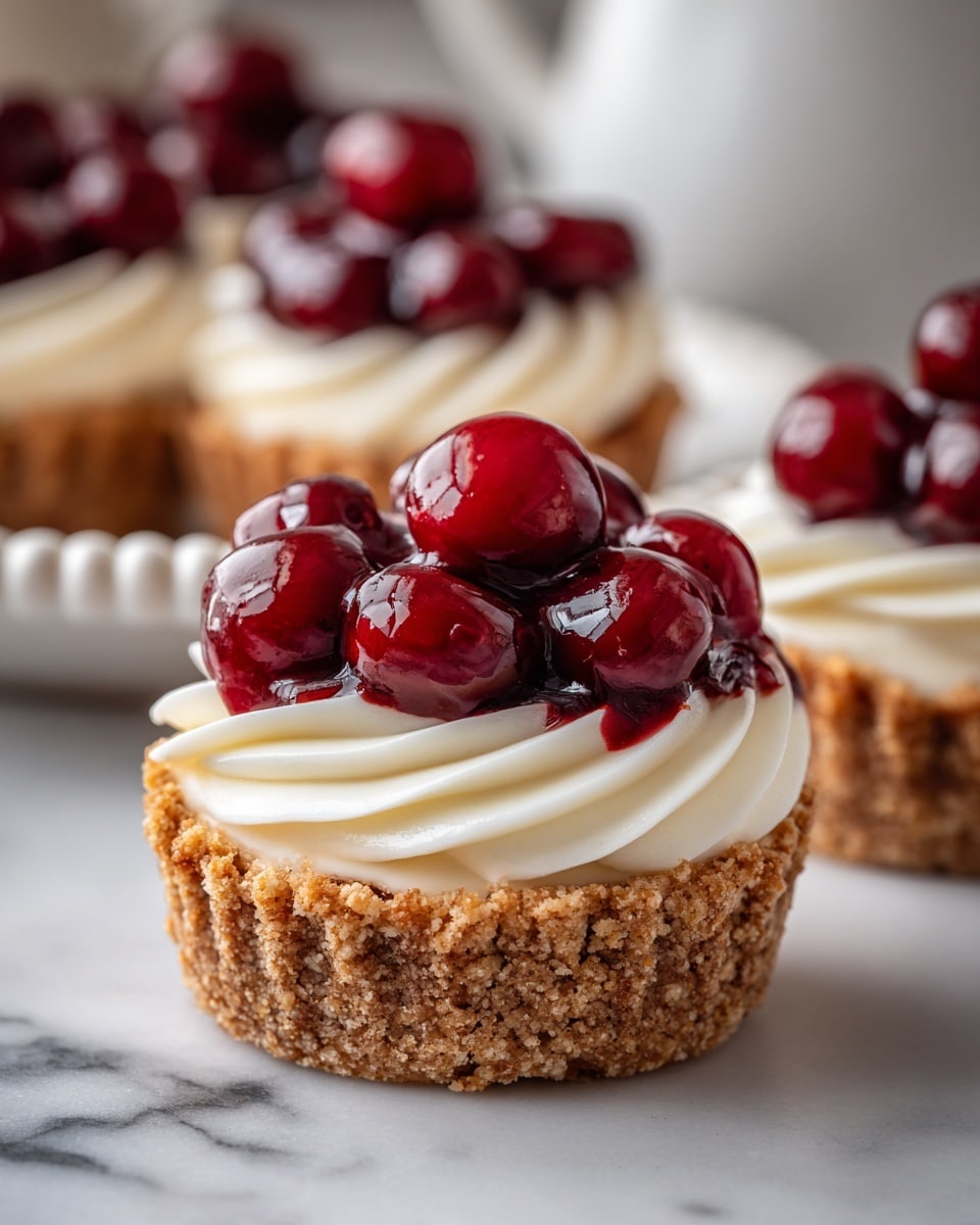 Two small tartlets are shown on a wooden surface with a blurred red plate holding more tartlets in the background. Each tartlet has three layers: the base is a light brown crumbly crust, the middle layer is a swirl of smooth white cream, and the top layer is glossy red strawberry sauce with a whole strawberry partially covered by the sauce. The tartlets are close to the camera, focused sharply, showing detailed texture. photo taken with an iphone --ar 4:5 --v 7