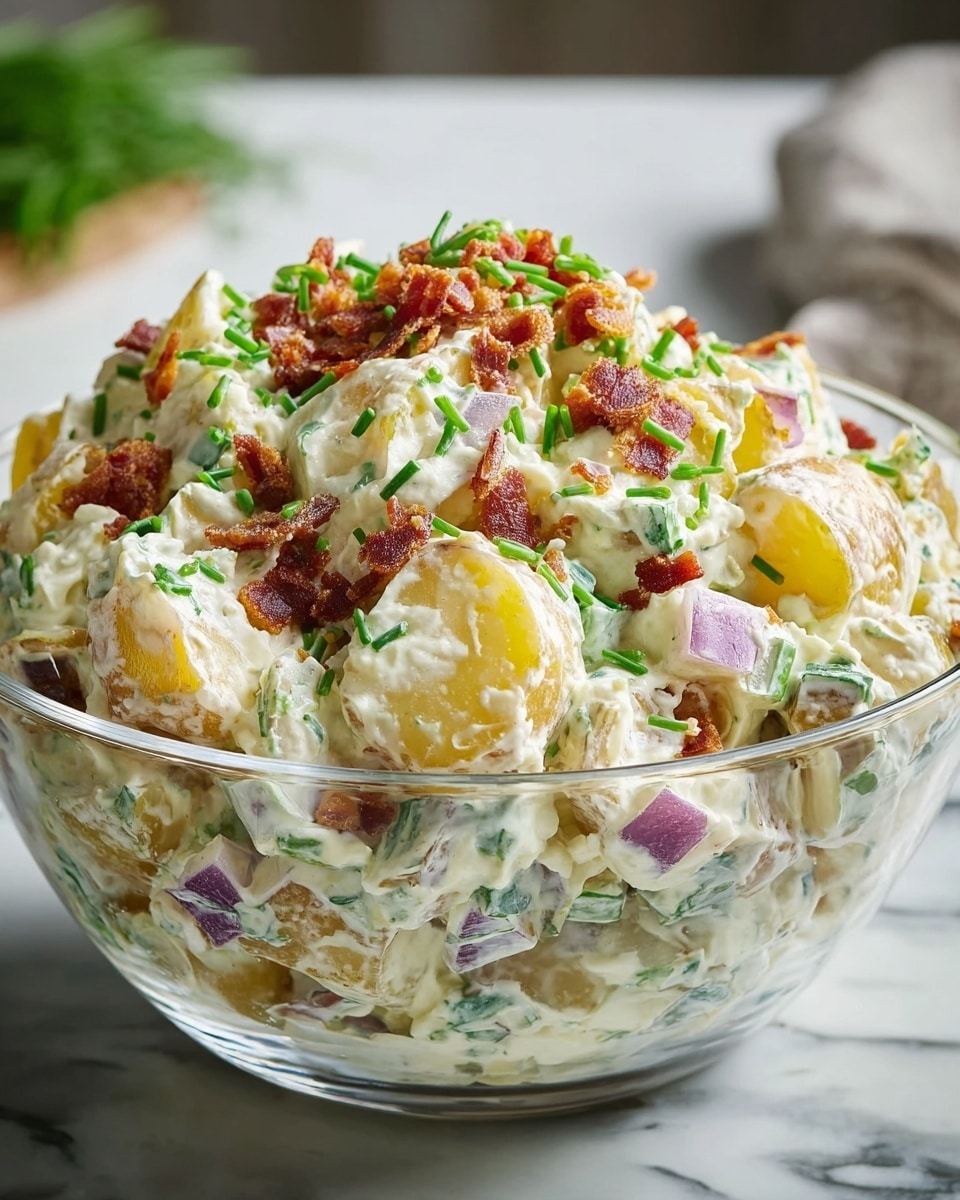A clear glass bowl filled with creamy potato salad sits on a white marbled surface. The salad has large chunks of yellow potato coated in a thick, white dressing mixed with green herbs, small pieces of bright green celery, and diced purple onions. On top, small crispy brown bacon bits and fresh green chives are sprinkled evenly, adding a pop of color and texture. The bowl is full and slightly mounded. The background is softly blurred, highlighting the texture and colors of the salad. photo taken with an iphone --ar 4:5 --v 7