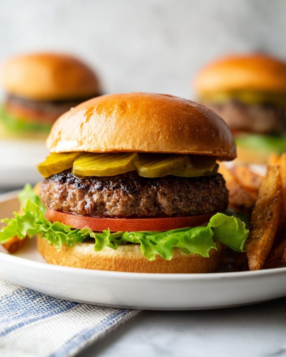 A close-up of a classic burger on a white plate with crispy seasoned fries on the side, set on a white marbled surface. The burger has five layers: at the bottom is a slightly toasted golden bun, followed by fresh green leaf lettuce, a thick red tomato slice, a juicy, well-seared beef patty with a charred texture, topped with several yellow-green pickle slices, all covered by a soft, shiny golden top bun. In the background, another burger is slightly out of focus. Photo taken with an iphone --ar 4:5 --v 7