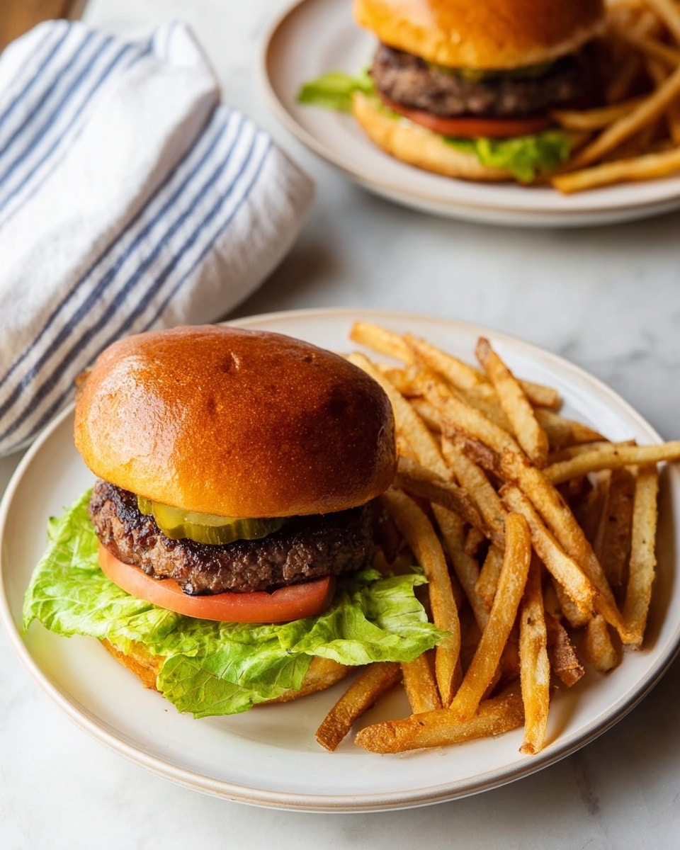 A white plate holds a burger and a large pile of golden brown fries. The burger has four visible layers: the bottom layer is a fresh green lettuce leaf, followed by a thick slice of red tomato, then a cooked beef patty with a slightly crispy dark brown surface, topped with a few green pickle slices, and covered by a shiny, smooth light brown bun. The fries are thin, crispy, and have a slightly darker seasoning. In the background, another white plate carries a similar burger and fries. A white cloth with blue stripes lies to the upper left on a white marbled surface. photo taken with an iphone --ar 4:5 --v 7