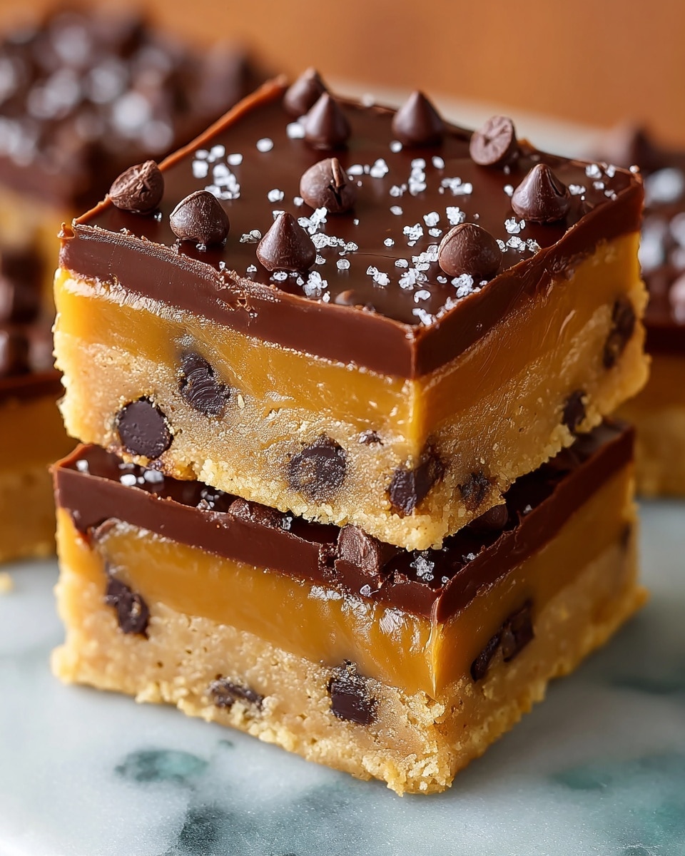 The image shows two square dessert bars stacked on a white marbled surface. Each bar has three layers: the bottom layer is a light brown cookie dough mixed with small dark brown chocolate chips, the middle layer is a smooth, thick caramel in golden yellow, and the top layer is a glossy, rich dark brown chocolate ganache, decorated with small chocolate chips and coarse salt crystals sprinkled on top. The edges show the clean cuts of each layer, highlighting the texture contrast between chewy cookie, soft caramel, and smooth chocolate. The photo taken with an iphone --ar 4:5 --v 7