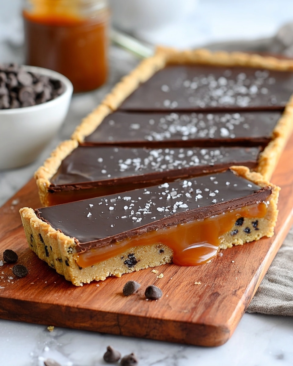 A rectangular tart with three clear layers rests on a wooden board placed on a white marbled texture. The bottom layer is a thick, golden-brown cookie dough crust with small dark chocolate chips visible. Above it is a shiny, smooth caramel layer that gently spills over the crust edge at the front. The top layer is a dark chocolate ganache, glossy and satiny, sprinkled lightly with coarse sea salt crystals. The tart is sliced into neat rectangular pieces, with one piece slightly pulled away to reveal the layers clearly. Scattered chocolate chips are around the wooden board, and a blurred white bowl with chocolate chips and a glass jar with caramel are seen in the background. photo taken with an iphone --ar 4:5 --v 7