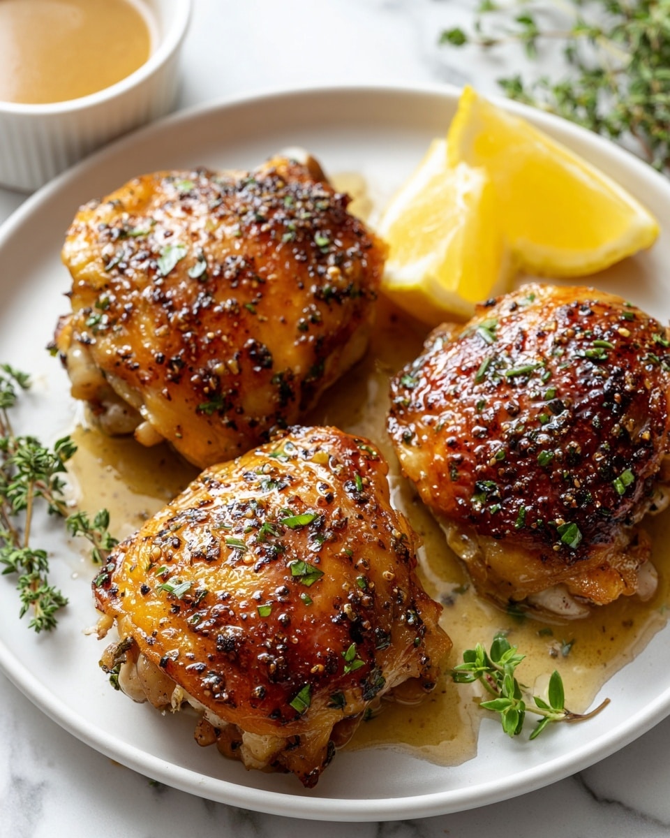 Three golden-brown roasted chicken thighs rest on a white plate, each piece glistening with a shiny glaze and sprinkled with cracked black pepper and small green herb leaves. The chicken skin looks crisp with a slightly charred texture. Around the thighs are small, fresh green herb sprigs and two lemon wedges positioned near the top right of the plate. In the blurred background on a white marbled surface, there is a small white bowl filled with a light brown sauce, adding to the fresh and savory feel of the dish. photo taken with an iphone --ar 4:5 --v 7