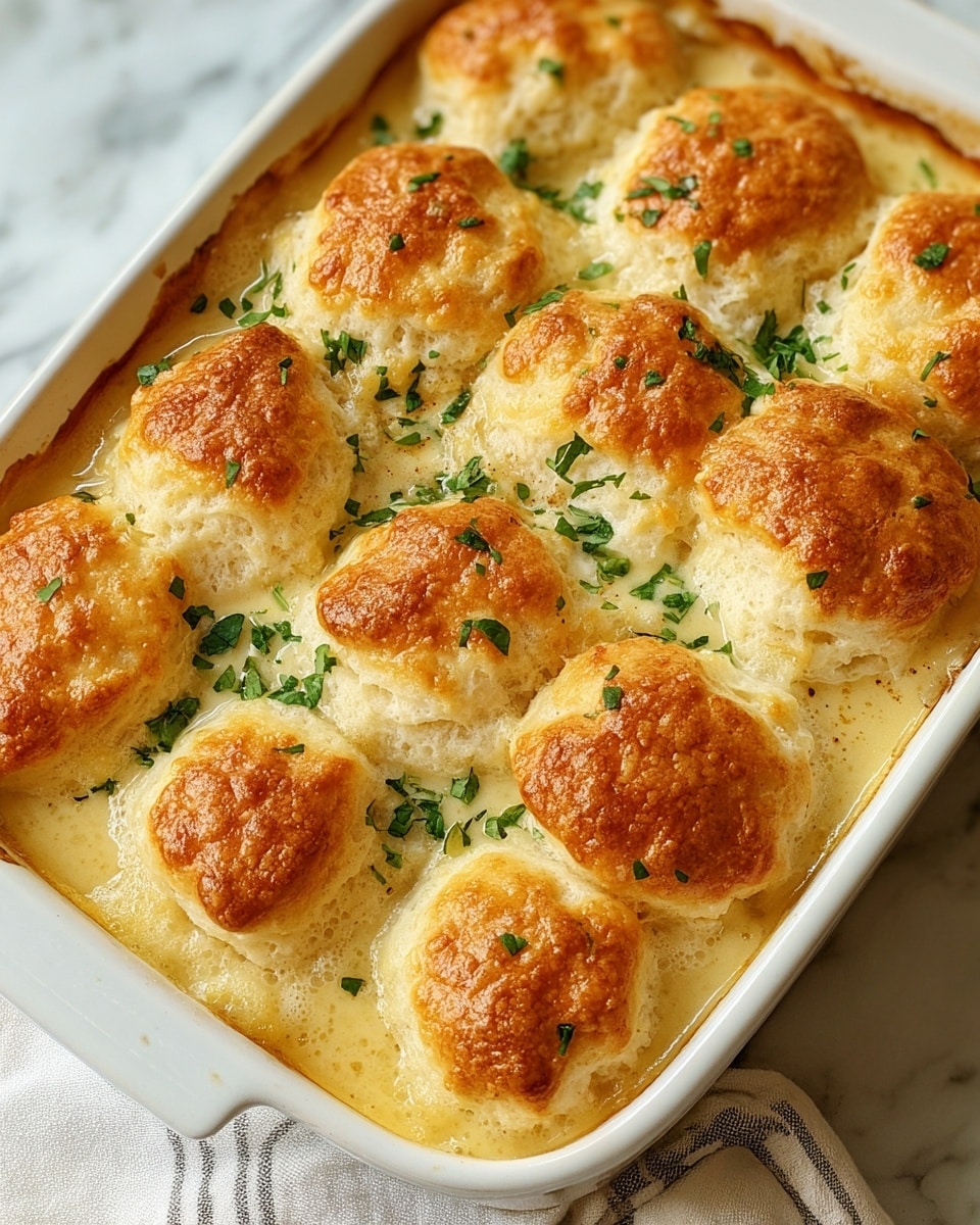 The dish is a baking dish filled with a golden-brown biscuit topping, each biscuit puffed up with a slightly crispy top layer that shows a light to medium brown toast color. Underneath, there is a creamy sauce visible around the edges with a smooth texture and light yellow color, slightly bubbling. The biscuits are arranged in two rows, closely packed, with fresh green herbs sprinkled on top for color contrast. The white baking dish rests on a white marbled surface with a cloth showing faint stripes near the bottom edge of the image. photo taken with an iphone --ar 4:5 --v 7