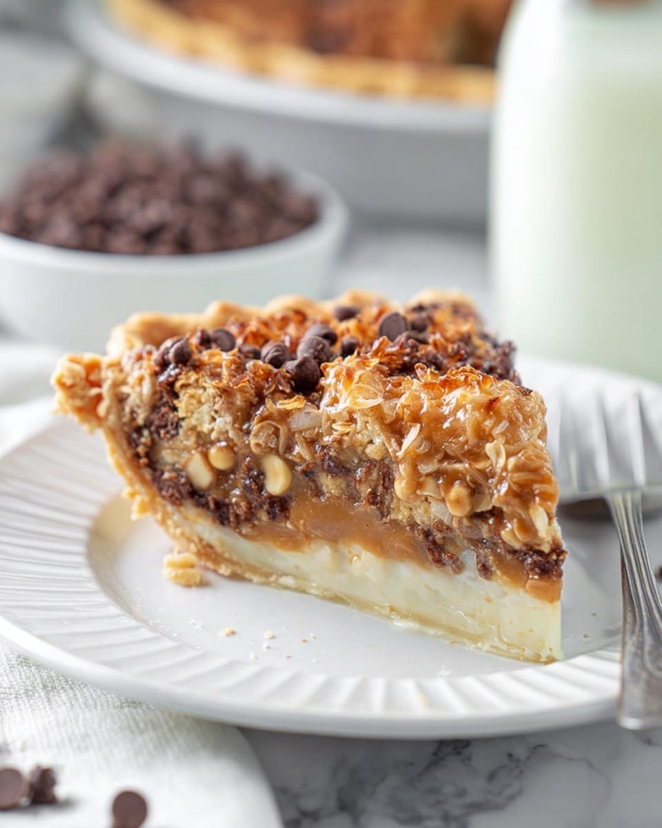 A close-up of a slice of pie on a white plate with a ridged pattern, resting on a white marbled surface. The pie has three visible layers. The bottom layer is a pale, flaky crust. Above it is a thick, creamy caramel-colored filling mixed with chunks of light beige nuts. The top layer is textured and golden brown with a mix of melted dark chocolate chips and shredded coconut, giving it a crunchy and gooey look. In the background, there is a slightly blurred white bowl filled with dark chocolate chips and a glass bottle of milk. A silver fork is nearby on the right side. photo taken with an iphone --ar 4:5 --v 7