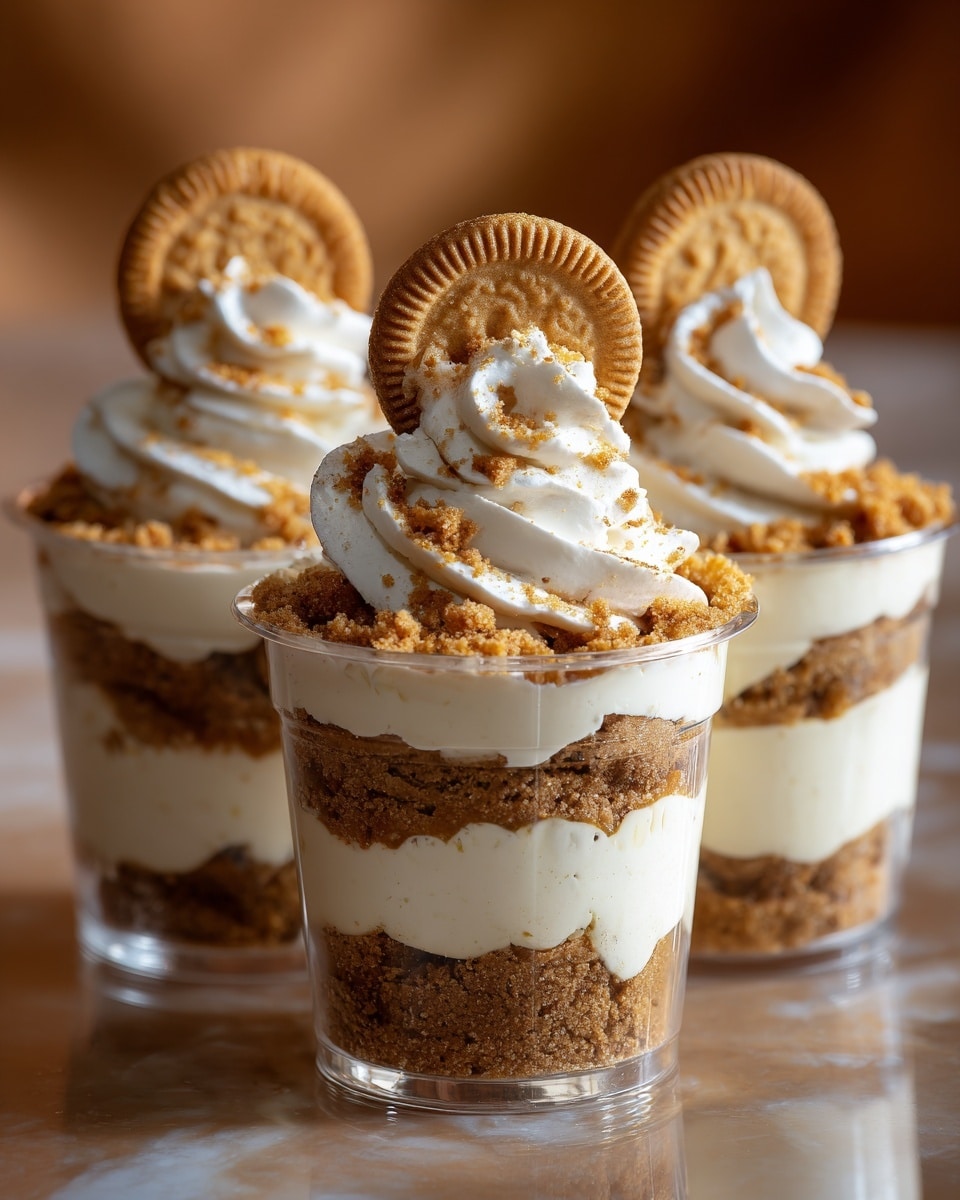 Three dessert cups each have four visible layers starting from the bottom: a crumbly brown cookie base, a thick cream layer in off-white, another crumbly cookie layer, and a swirl of white whipped cream on top sprinkled with more cookie crumbs. Each cup is decorated with a single round, light brown cookie placed vertically in the middle of the whipped cream. The cups are clear plastic, showing all layers inside, and they are placed on a reflective surface with a warm blurred background. Photo taken with an iphone --ar 4:5 --v 7