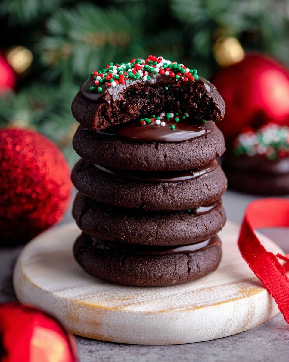 A stack of five dark chocolate cookies sits on a round white wooden board with a red ribbon curling in the front. The top cookie is bitten, revealing a soft, moist inside and is coated with a glossy layer of dark chocolate. Small red, white, and green round sprinkles decorate the top chocolate layer, with a few falling between the cookies. The background shows blurred green pine branches and shiny red Christmas ornaments. photo taken with an iphone --ar 4:5 --v 7