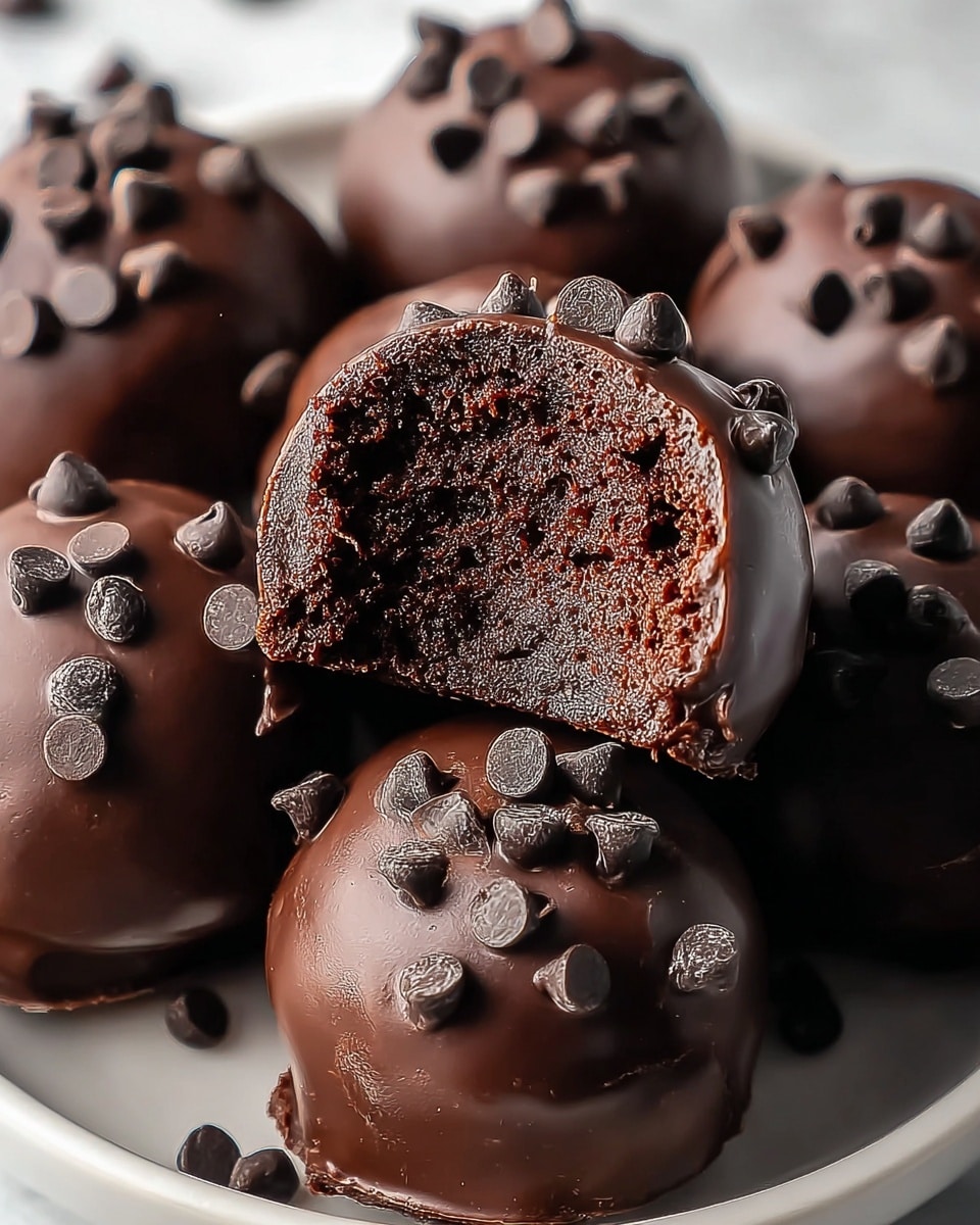 The image shows several round chocolate truffles covered in smooth, glossy dark chocolate, each topped with small, dark chocolate chips scattered unevenly on top. One truffle is bitten in half, revealing a dense, moist, and rich dark brown chocolate cake interior with a slightly crumbly texture inside. The truffles rest closely together on a white plate against a white marbled background. Photo taken with an iphone --ar 4:5 --v 7