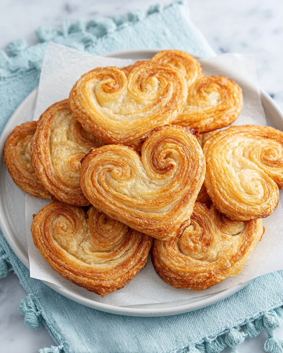 A white plate holds a pile of golden brown palmier pastries layered on white parchment paper. Each pastry has many thin, flaky layers, crisp edges, and a heart-like shape with two rounded sides curling inward. The plate is placed on a light blue cloth with a pom-pom trim, all set on a white marbled surface. The pastries show a shiny, slightly caramelized texture with a mix of crisp and soft areas, stacked in a casual, overlapping way. photo taken with an iphone --ar 4:5 --v 7