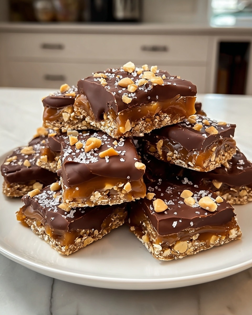 A white plate piled high with square-shaped nut and caramel bars, each bar having two visible layers: a bottom layer made of a golden caramel and nut mix, and a top layer of smooth, glossy dark chocolate partially covering the bars. The caramel layer shows bits of chopped nuts inside, while the chocolate looks thick and slightly dripped down the sides. The bars are sprinkled generously with small crunchy nut pieces and flakes of coarse salt, adding texture and contrast. The plate sits on a white marbled surface with soft kitchen cabinets blurred in the background. photo taken with an iphone --ar 4:5 --v 7