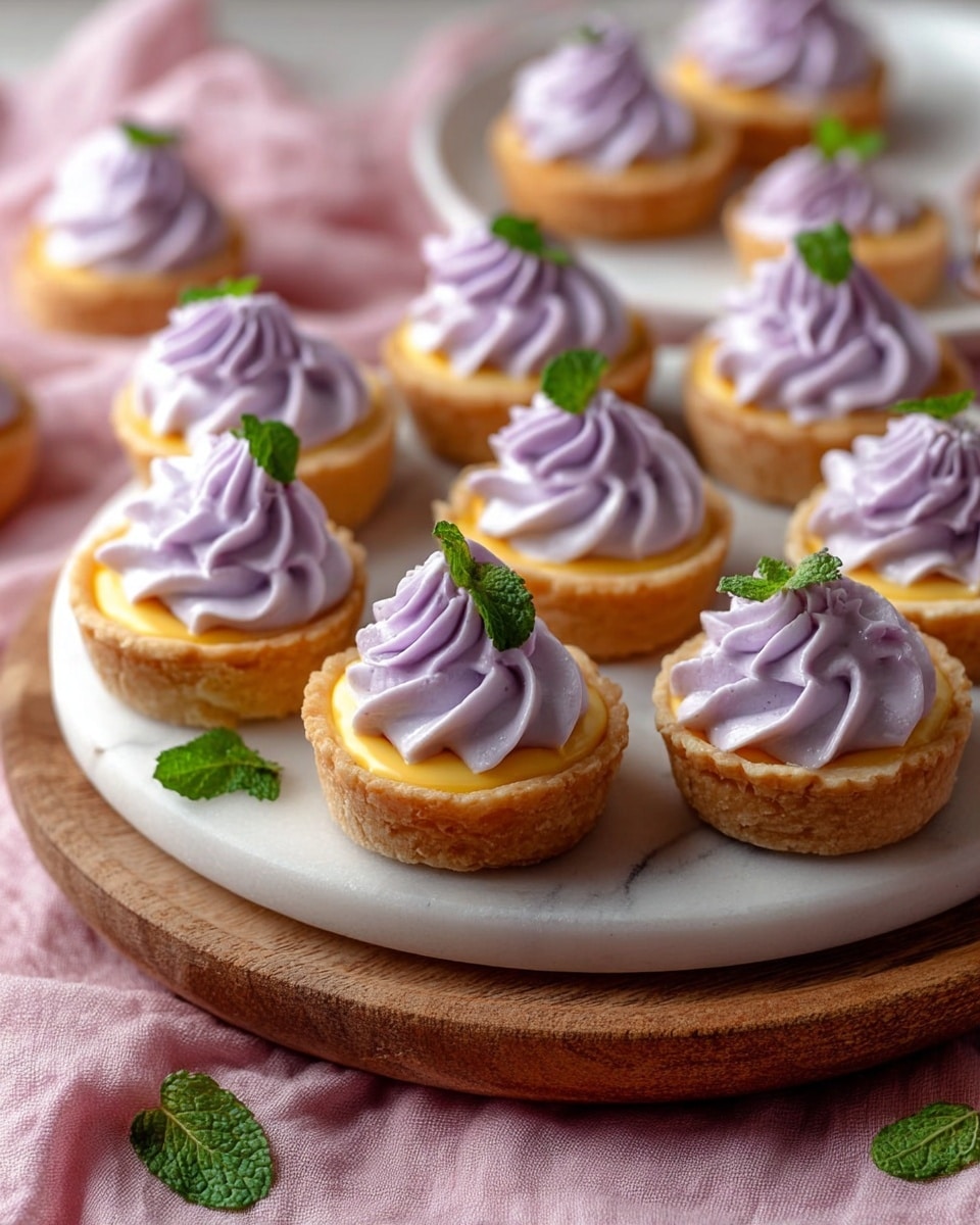 The image shows small tartlets arranged on a round wooden board with a white marbled surface on top. Each tartlet has a crispy golden crust base filled with a smooth yellow layer, topped with a swirl of light purple cream with a soft, fluffy texture. A small green mint leaf is placed on each tartlet, adding a fresh touch. The tartlets are neatly spread in a group close to each other, with a soft pink cloth around the board and scattered mint leaves adding color. The background also has some tartlets blurred out on a white plate with the same white marbled texture underneath. photo taken with an iphone --ar 4:5 --v 7