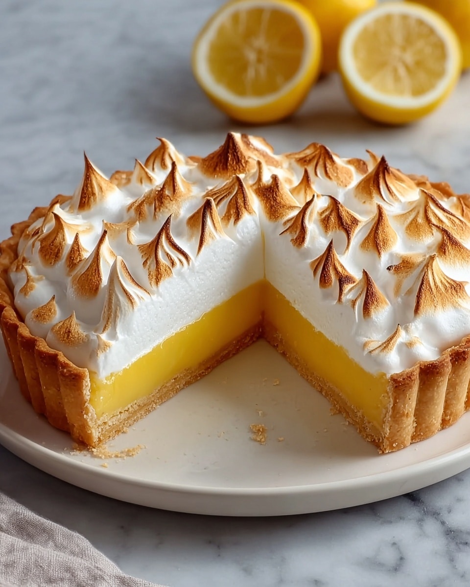 A lemon meringue pie with one slice removed sits on a white plate, showing three clear layers: a golden-brown, flaky crust at the bottom and sides, a smooth, bright yellow lemon filling in the middle, and a thick, white meringue topping with swirled peaks that are toasted to a light golden brown on the tips; the pie rests on a white marbled surface with two lemon halves in the blurred background. photo taken with an iphone --ar 4:5 --v 7