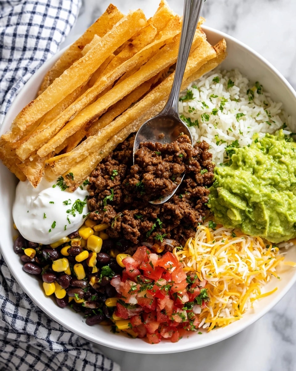 A white bowl contains multiple layers and sections of colorful food arranged side by side. Starting from the top, there are crispy golden tortilla strips stacked horizontally. Moving down clockwise, there is a portion of fluffy white rice mixed with green herbs, next to a layer of dark brown cooked ground beef with small diced onions, partially scooped by a silver spoon. Below the beef, shredded yellow and white cheese is piled, then a small heap of chopped red tomatoes sprinkled with herbs. To the left, there is a dollop of white sour cream next to a mix of black beans, corn kernels, and green bell peppers. In the center, bright green guacamole sits between the rice and the bean mixture. The bowl rests on a white marbled surface with a checkered cloth visible in the background. photo taken with an iphone --ar 4:5 --v 7