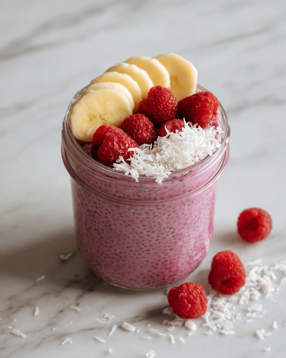 A clear glass jar filled with a thick pink chia seed pudding forms the base layer, showing tiny chia seeds suspended evenly throughout. On top, there is a layer of fresh yellow banana slices arranged in a neat semi-circle towards the back. Next to the bananas, bright red raspberries are placed in a cluster, with shredded white coconut sprinkled over both fruits. Around the jar, few loose raspberries and white coconut shreds are scattered on a white marbled surface. The photo taken with an iphone --ar 4:5 --v 7