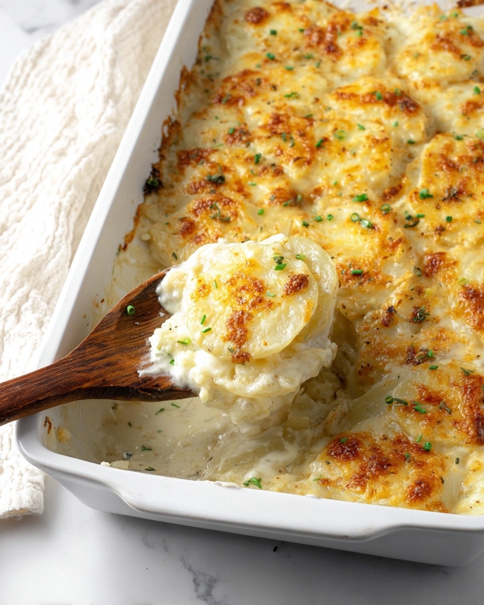 The image shows a white rectangular baking dish filled with creamy scalloped potatoes. The dish has about three visible layers of thinly sliced potatoes in a rich, cheesy white sauce, topped with a golden-brown, melted cheese layer that has a slightly crispy texture in spots. Small chopped green herbs are sprinkled evenly over the cheese topping. A dark wooden spoon is scooping out a serving from the right side, revealing the soft, creamy potato layers underneath. The dish sits on a white marbled surface, with a light beige textured cloth in the background. photo taken with an iphone --ar 4:5 --v 7