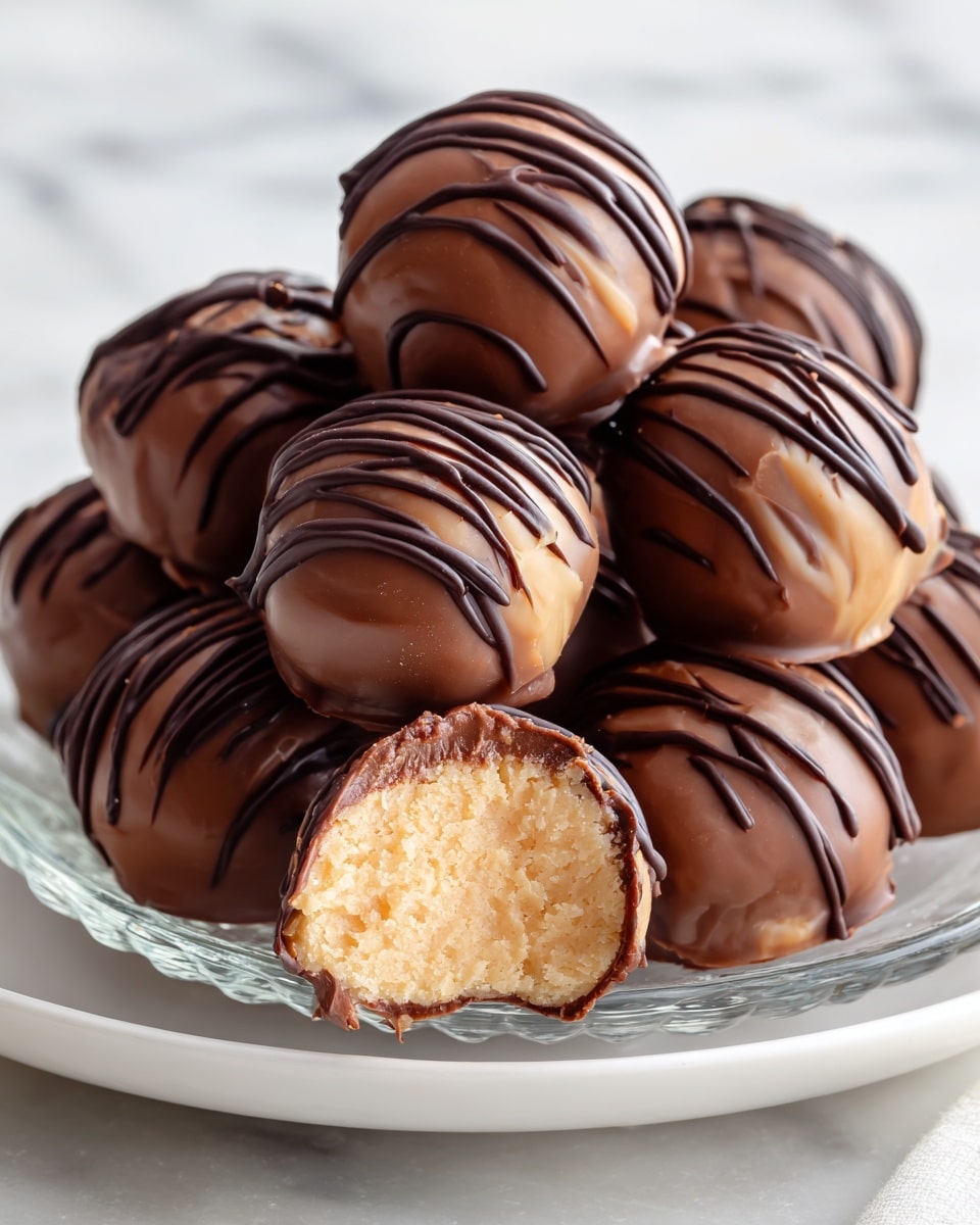 The image shows a clear wavy glass bowl filled with round chocolate-covered truffles. Each truffle is smooth and shiny with thin dark chocolate drizzle on top. One truffle is cut in half at the front, showing a light tan creamy inside with a thick dark chocolate shell on the outside. The bowl is placed on a white plate on a white marbled surface. The overall look is rich and inviting, with a focus on the glossy chocolate coating and soft inner layer. Photo taken with an iphone --ar 4:5 --v 7