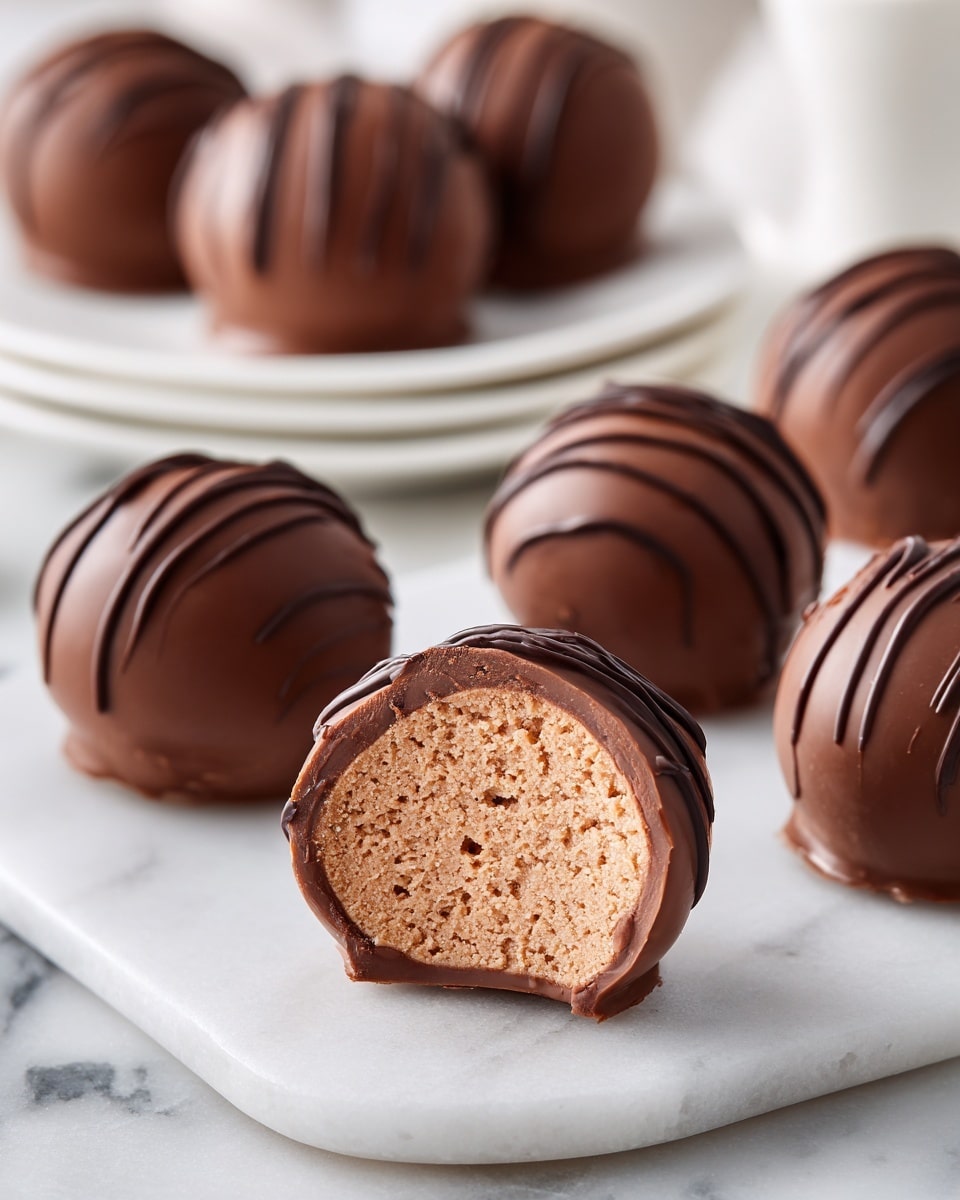 The image shows a close-up of round chocolate truffles placed on a white marbled surface. The truffles have a smooth, shiny dark brown chocolate coating with thin chocolate drizzles on top. One truffle is cut in half at the front, revealing a dense, light brown creamy filling inside, surrounded by a thin chocolate shell. More whole truffles are scattered in the background with soft focus, some resting on a white plate. The lighting is bright, highlighting the glossy texture of the chocolate. photo taken with an iphone --ar 4:5 --v 7