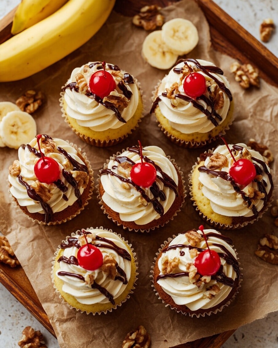Six cupcakes are arranged on brown parchment paper over a wooden tray with banana slices and walnut pieces scattered around. Each cupcake has three layers: the bottom yellow cake base, a thick swirl of light cream-colored frosting on top with a smooth, fluffy texture, and a drizzle of dark chocolate sauce over the frosting. Each cupcake is topped with one bright red cherry and a few walnut halves, adding texture and color contrast. A whole banana is partially visible on the top left and bottom right corners of the image, all set against a white marbled textured surface. Photo taken with an iphone --ar 4:5 --v 7