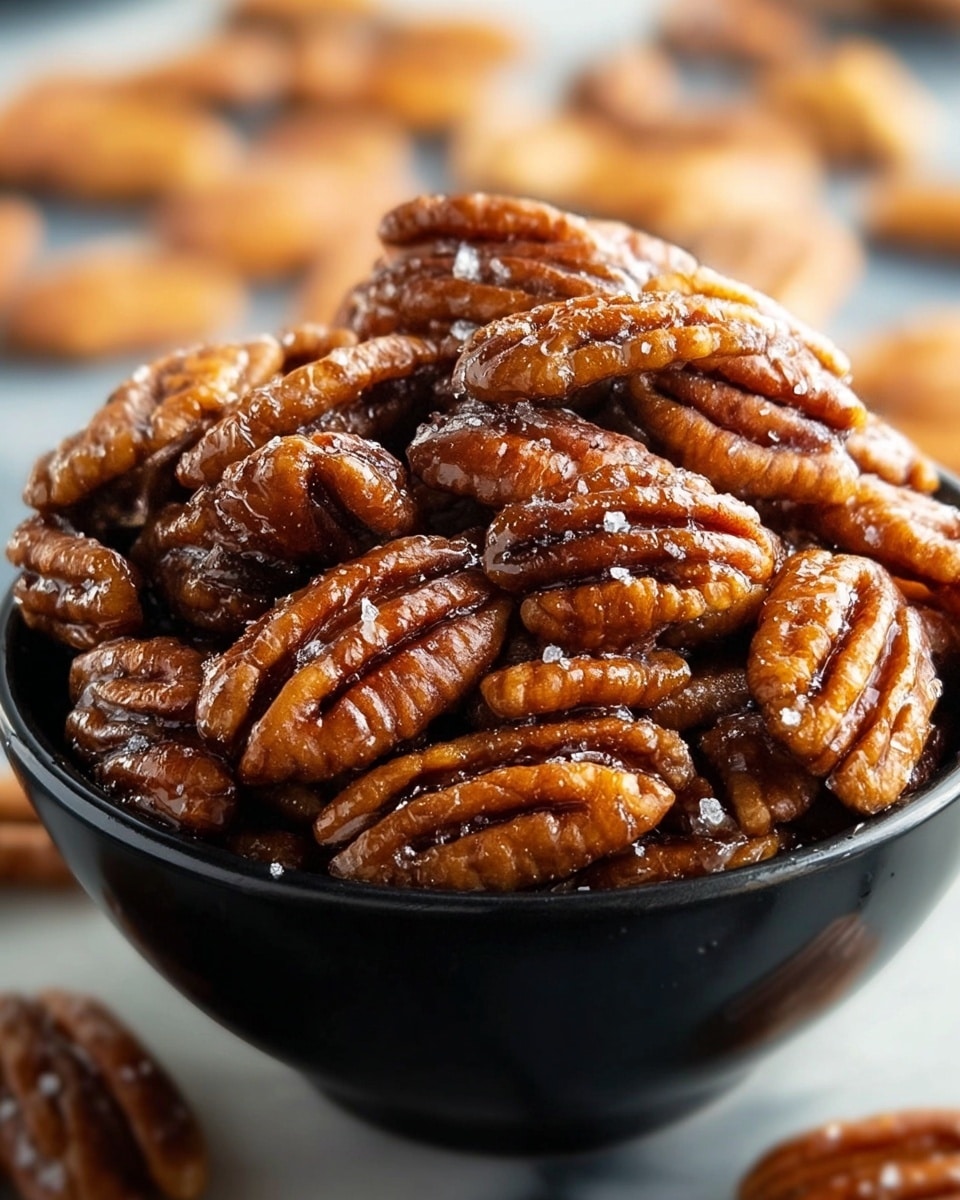 A black bowl filled with a large pile of glossy, caramel-coated pecans that have a rich brown color and a shiny texture. The pecans are closely packed, showing their ridged surface and some sparkling salt crystals on top. In the blurred background, more pecans are scattered loosely on a white marbled surface, adding depth to the image. photo taken with an iphone --ar 4:5 --v 7