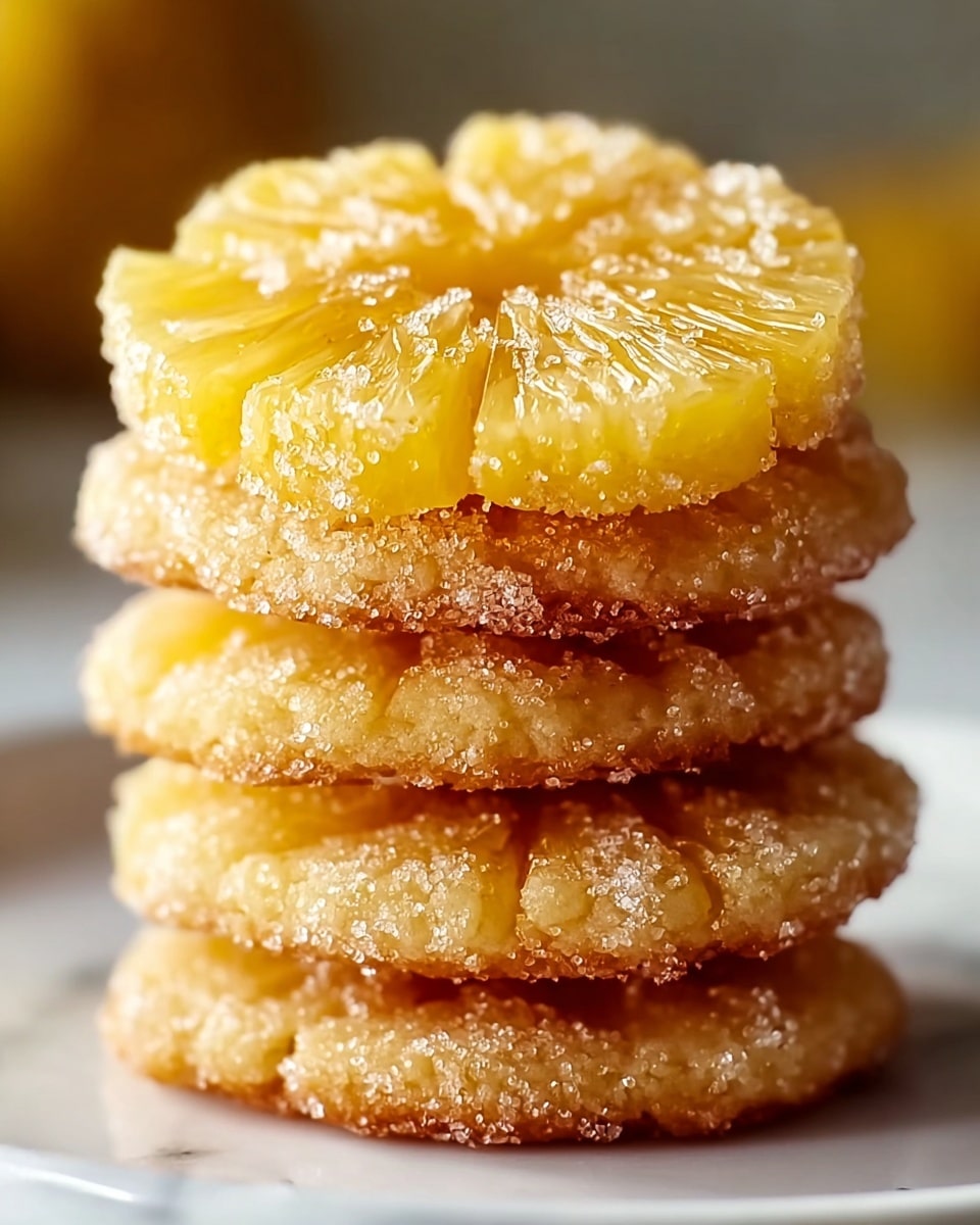 A close-up view of a stack of four cookies on a white plate, each cookie topped with a golden yellow pineapple slice that looks juicy and slightly caramelized with visible texture of pineapple strands. The cookies have a golden-brown color with a rough, sugary surface that sparkles under the light, showing sugar crystals all over. The stack is resting on a smooth white marbled texture, and the focus is sharp on the top cookie with the background softly blurred. photo taken with an iphone --ar 4:5 --v 7