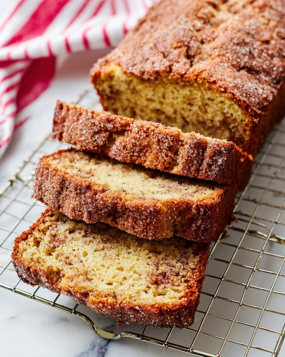 The image shows a loaf of cinnamon coffee cake, sliced into three pieces, resting on a cooling rack with a white marbled surface beneath. The top of the cake has a thick, crunchy, golden-brown cinnamon sugar crust with a cracked texture. Each slice reveals a soft, moist yellow crumb with cinnamon swirls inside, creating a marbled pattern. The edges of the slices are slightly darker and crispier, adding contrast to the tender interior. Photo taken with an iphone --ar 4:5 --v 7