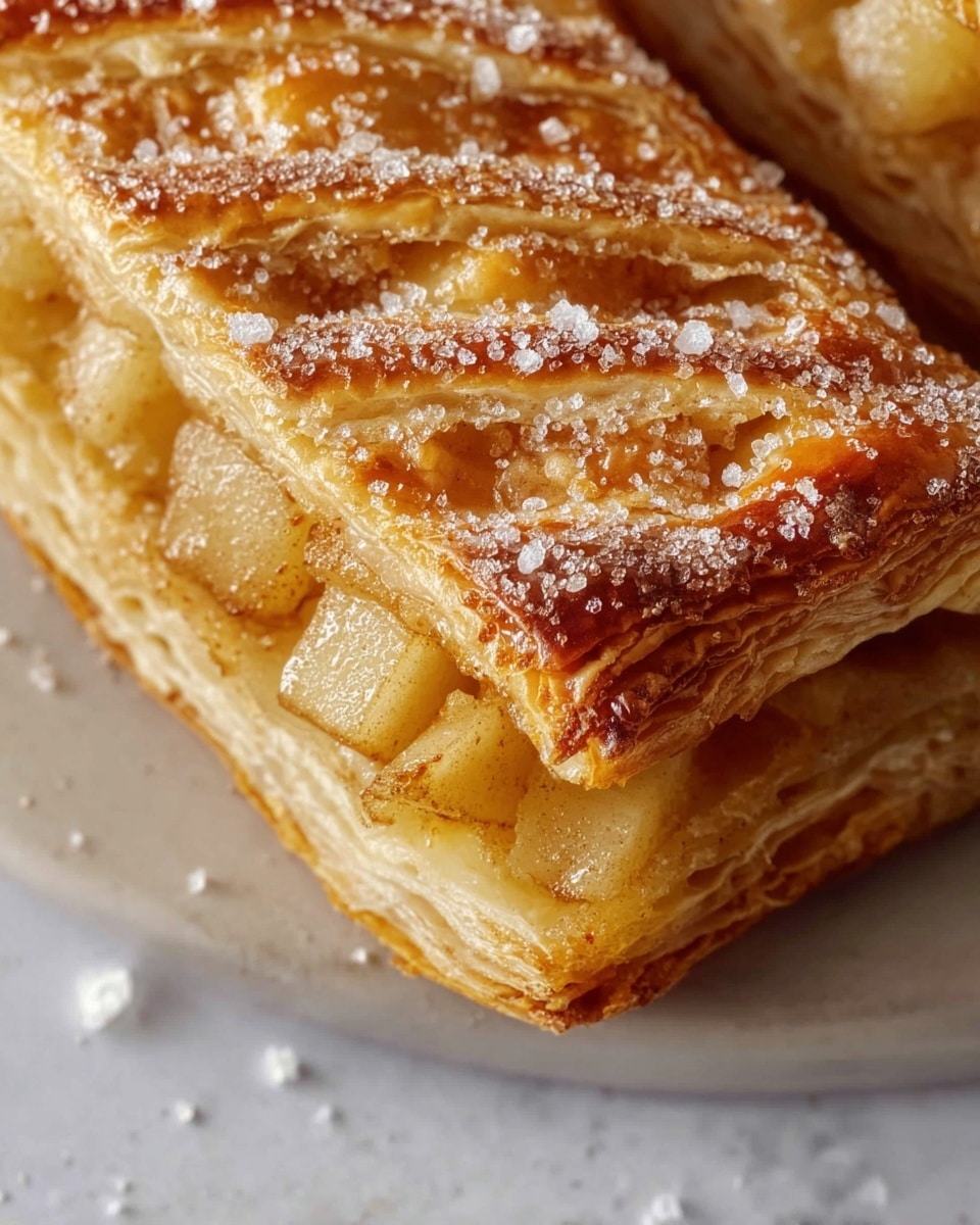 A close-up view of a golden-brown puff pastry with three visible layers: the top layer consists of a lattice pattern with crispy, flaky texture coated in coarse sugar crystals, the middle layer containing small, soft cubes of light yellow apple filling, and the bottom layer showing a slightly thicker, crisp pastry base. The puff pastry rests on a white plate with a few sugar crystals scattered around and a white marbled textured surface beneath. photo taken with an iphone --ar 4:5 --v 7