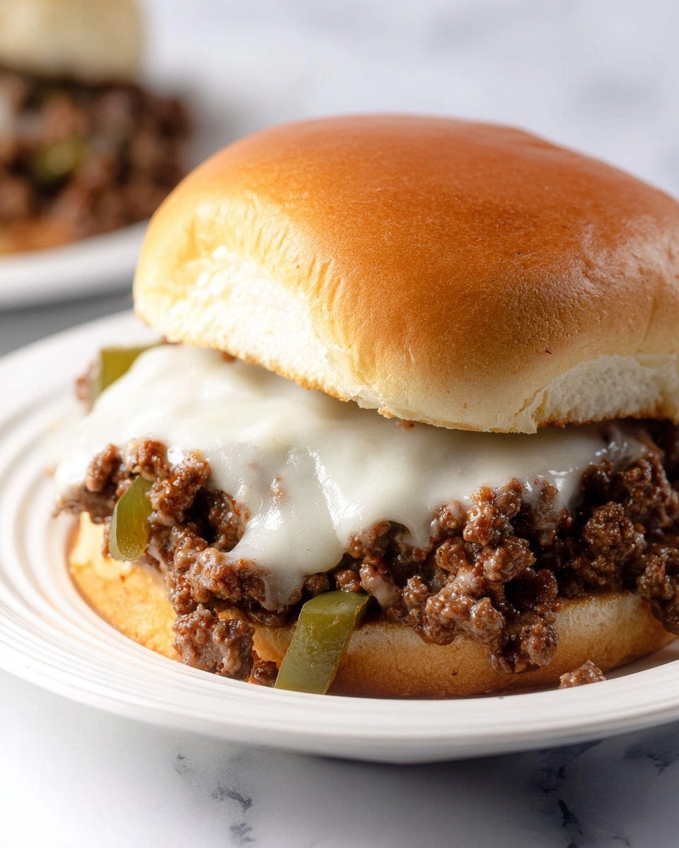 A close-up image of a sandwich with a soft, shiny golden brown top bun. Inside, there is a thick layer of cooked ground beef mixed with small pieces of green bell pepper and translucent onions. Over the meat mix, there is a generous layer of melted white cheese that looks creamy and smooth. The sandwich sits on a white plate with a white marbled surface in the background. photo taken with an iphone --ar 4:5 --v 7