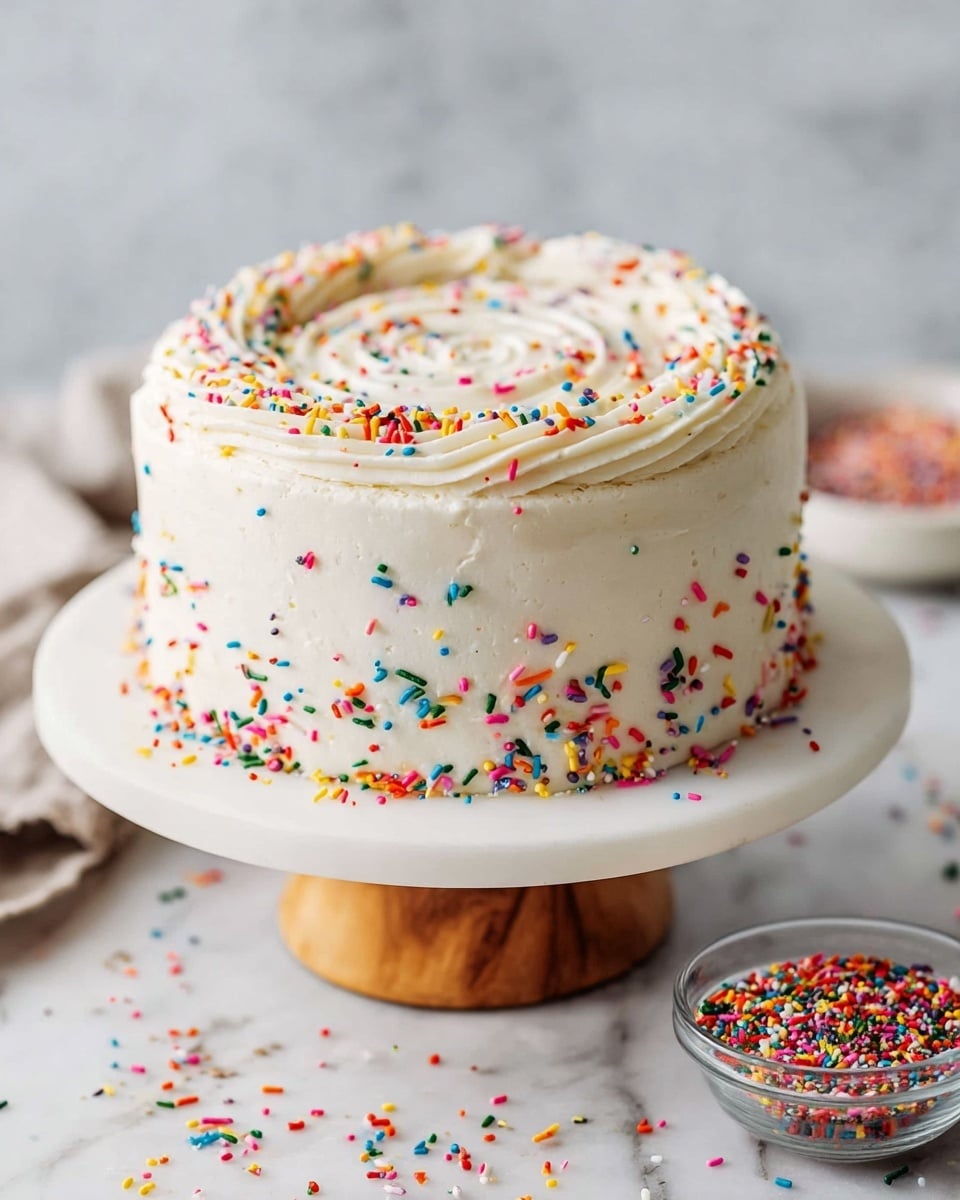 A two-layer round vanilla cake covered in smooth white frosting with a swirl pattern on the top. The cake is decorated with colorful, thin rainbow sprinkles scattered all over the frosting, with a heavier concentration in the center of the top. Some sprinkles have fallen onto the white cake stand and the white marbled surface below. The cake stand has a wooden base. In the background, there is a small glass bowl filled with more rainbow sprinkles, slightly blurred. photo taken with an iphone --ar 4:5 --v 7