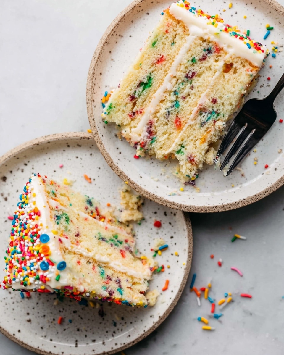 A close-up view of two slices of funfetti cake on two white plates with a speckled rim, placed on a white marbled surface. The slice on the upper plate shows three layers of moist light yellow cake with colorful confetti sprinkles scattered inside, separated by two thin layers of creamy white frosting. The top layer is also covered with smooth white frosting and decorated with more colorful round and rod sprinkles. A black fork rests on the bottom edge of the upper slice with some crumbs stuck to it. The bottom plate holds a partially eaten slice with the same layered cake and frosting, covered in vibrant sprinkles along the top edge. Some loose sprinkles are scattered on the surface nearby. photo taken with an iphone --ar 4:5 --v 7