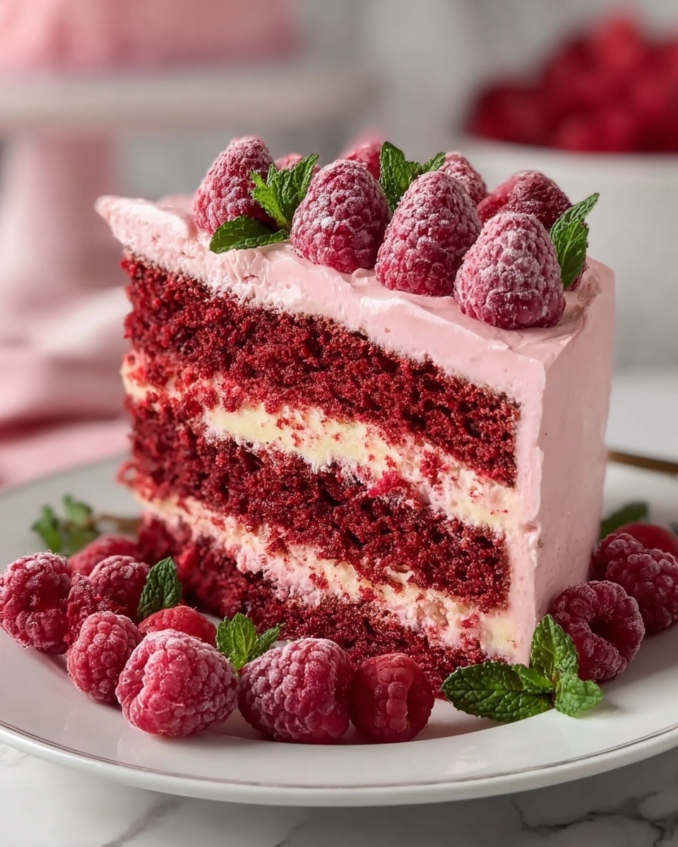 A slice of red velvet cake with three thick layers of deep red, moist cake, separated and covered by smooth light pink frosting. The cake is topped with a row of fresh and frosted raspberries and garnished with small green mint leaves. Around the bottom of the cake slice on a white plate, there are more red and frosted raspberries scattered. The cake slice and plate sit on a white marbled surface with a blurred background. Photo taken with an iphone --ar 4:5 --v 7
