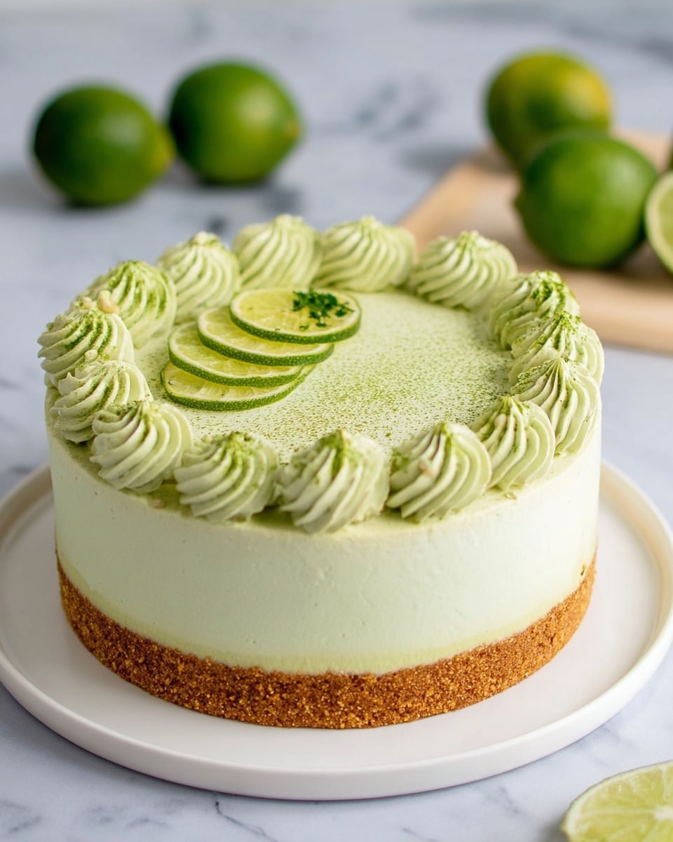 A round, three-layered cake sits on a white plate with a crumbly brown base layer, a smooth pale green middle layer, and a light green top layer covered in a thick, even frosting. The top is decorated with evenly spaced swirls of slightly brighter green frosting around the edge, a light dusting of green powder, and three thin lime slices arranged in a small cluster with small pieces of green zest nearby. The background shows a white marbled texture with three whole limes blurred in the distance. Photo taken with an iphone --ar 4:5 --v 7