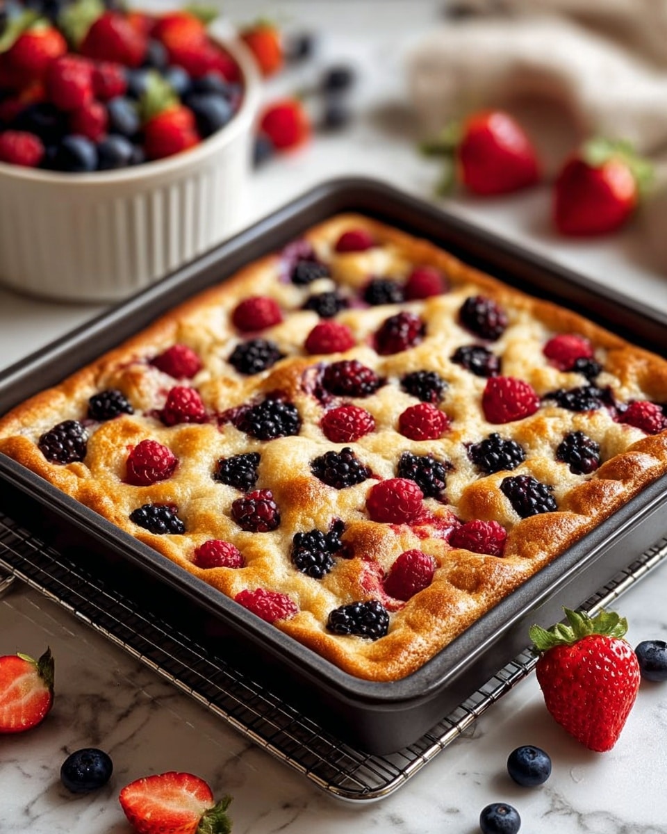 A square berry dessert in a dark baking tray, placed on a silver wire rack over a white marbled surface, showing one thick layer of golden baked dough dotted with juicy blackberries and fresh red raspberries evenly spread across the top. The dough has a slightly puffy and crispy texture with browned, raised edges. Around the tray, fresh strawberries and blueberries are scattered on the white marbled surface. In the blurred background, there is a white bowl filled with mixed berries. Photo taken with an iphone --ar 4:5 --v 7