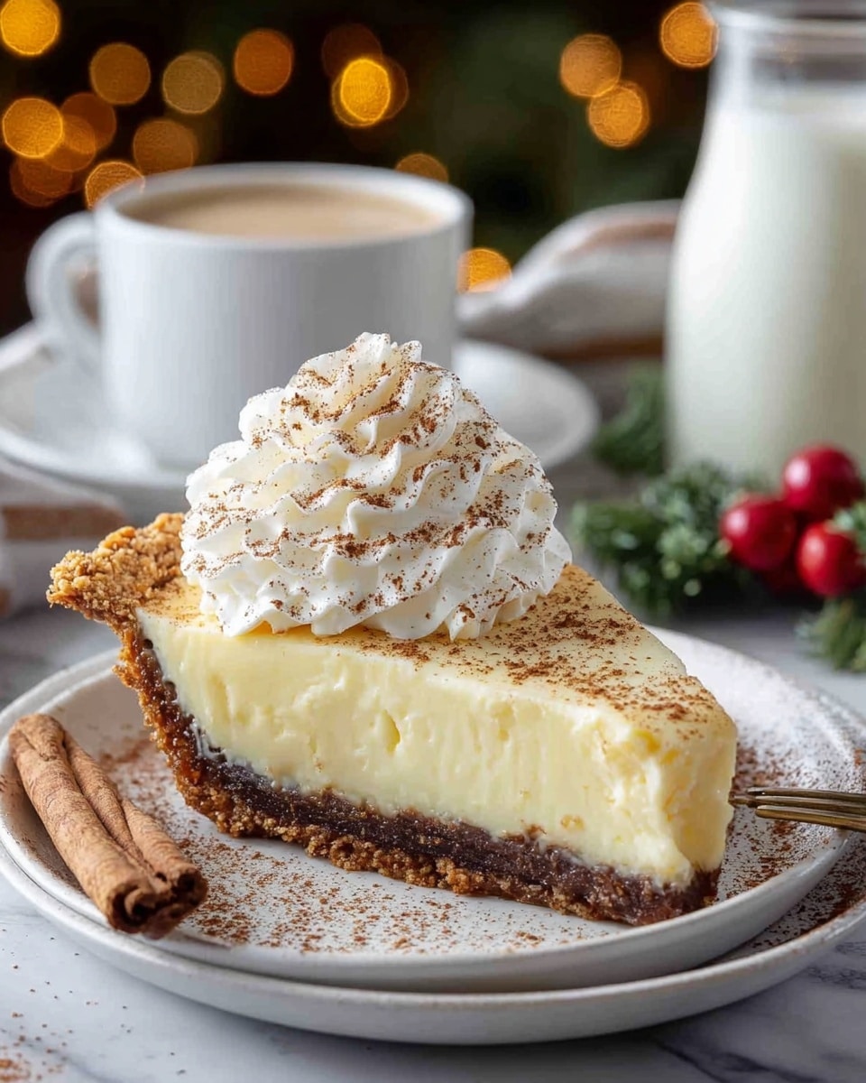 A slice of pie on a white plate with a thick, dark brown crust at the bottom, a smooth, pale yellow creamy filling in the middle, and a golden-brown baked edge on top. On the top center of the pie slice is a large, fluffy swirl of white whipped cream sprinkled with brown powder, likely cinnamon or nutmeg. The plate has some light dusting of the same brown powder around the pie. A cinnamon stick lies next to the pie on the plate. In the background, there is a white coffee cup and saucer and a tall glass of milk, all set on a white marbled surface with blurred warm light spots and festive greenery. photo taken with an iphone --ar 4:5 --v 7