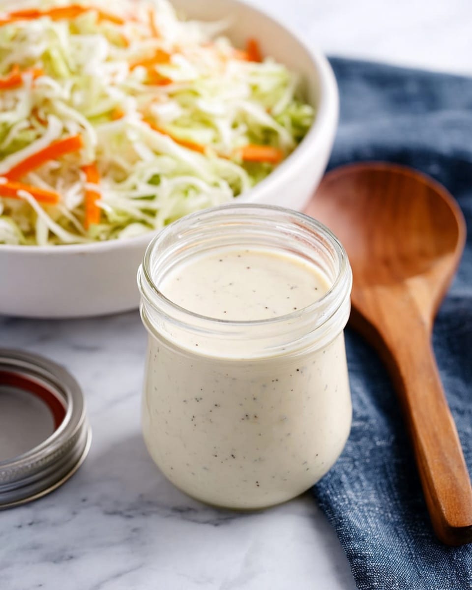 A clear glass jar filled with a creamy, light beige dressing with small black seasoning specks throughout. Behind the jar, there is a large white bowl filled with shredded cabbage and thin orange carrot strips creating a fresh, crunchy salad with white and pale green tones mixed with bright orange. The metal lid for the jar sits on the left side on the white marbled surface, and on the right side, a wooden spoon with natural grain rests partially on a dark blue cloth napkin. The whole scene is bright and clean with soft natural light. photo taken with an iphone --ar 4:5 --v 7