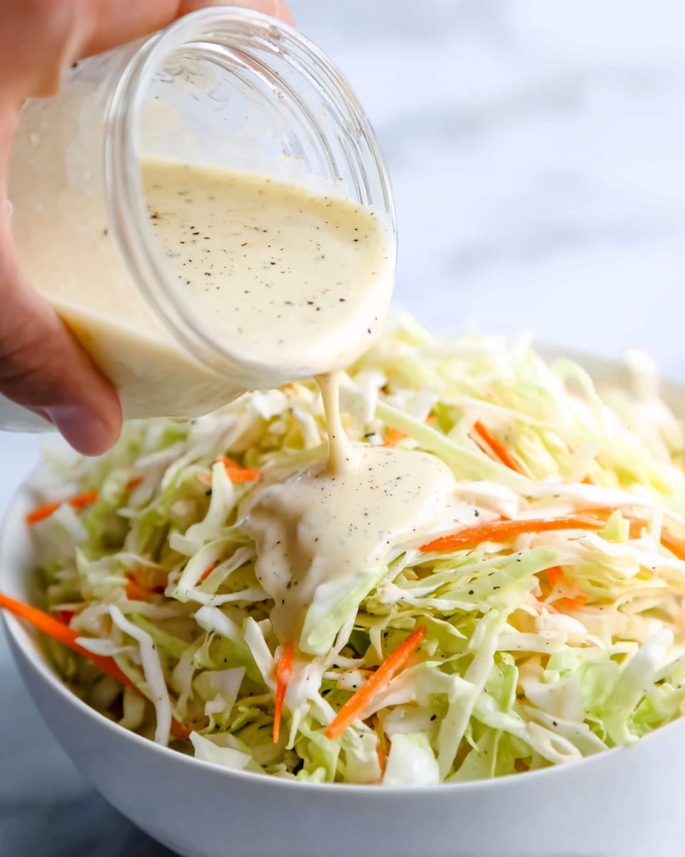A close-up image shows a woman's hand pouring creamy, pale yellow dressing with black pepper specks from a glass jar onto a fresh coleslaw mixture. The coleslaw contains shredded green cabbage, white cabbage, and thin strips of orange carrot. The coleslaw sits in a white bowl, and the background is a white marbled texture. photo taken with an iphone --ar 4:5 --v 7