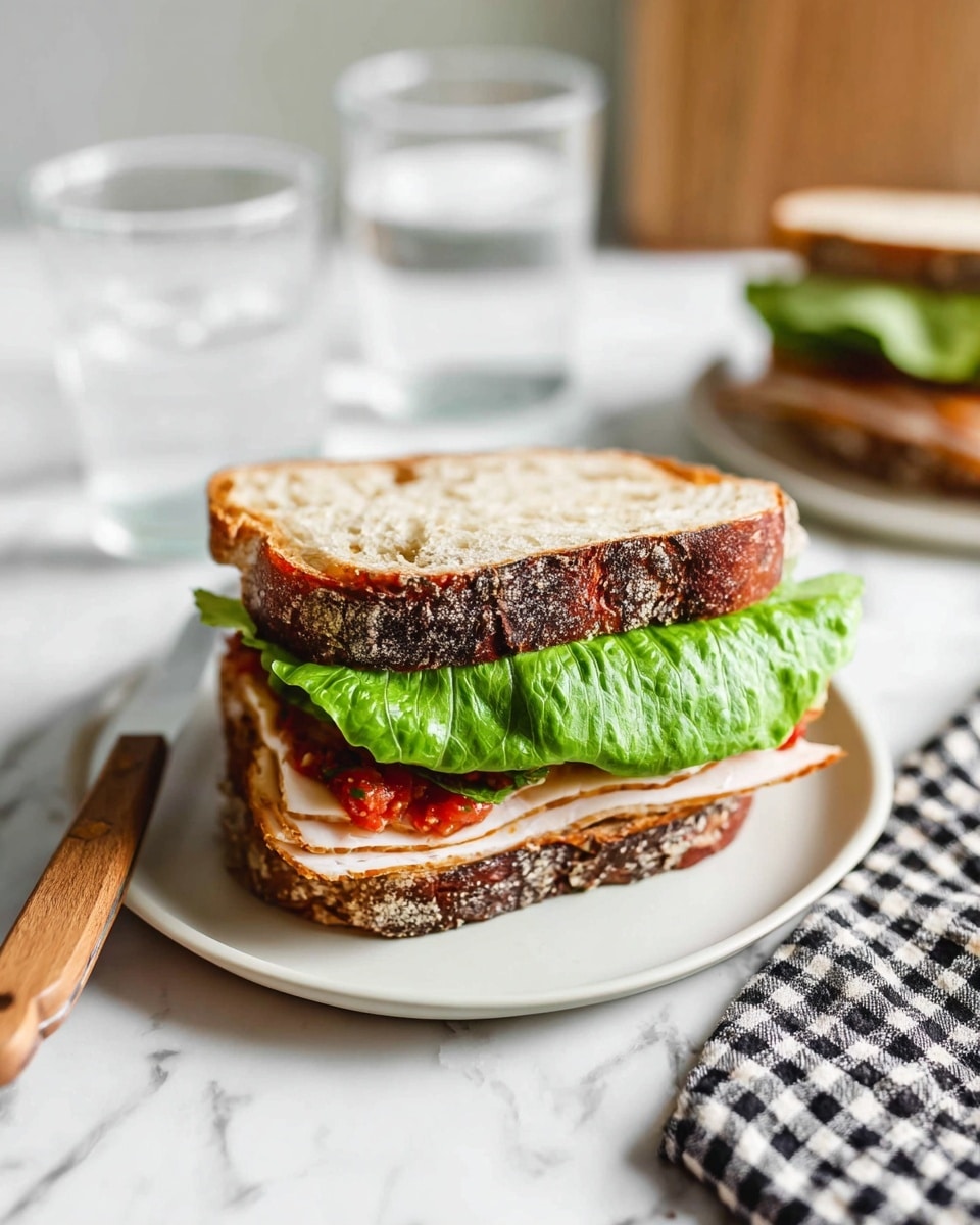 A sandwich on a white plate shows three main layers inside thick, toasted sourdough bread with a dark crust. The bottom layer is light-colored turkey slices, topped with a middle layer of bright red salsa or sauce. Above this is a fresh, large green lettuce leaf with visible texture. The sandwich is placed on a white marbled surface with two clear glasses filled with water in the background and a folded black and white checked cloth nearby. A wooden-handled knife rests on the surface next to the plate. Photo taken with an iphone --ar 4:5 --v 7