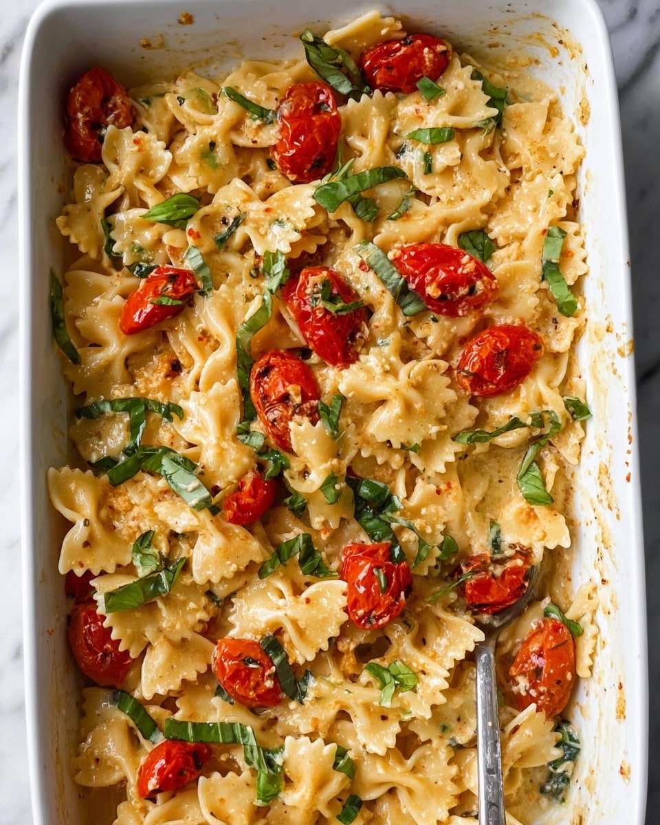 A white rectangular baking dish is filled with bowtie pasta mixed with a creamy sauce that coats each piece. Scattered throughout the pasta are bright red roasted cherry tomatoes, some slightly split open, and fresh green basil leaves adding color contrast. The edges of the dish show some sauce residue, and a silver spoon is partially immersed in the pasta on the right side. The dish rests on a white marbled surface. photo taken with an iphone --ar 4:5 --v 7
