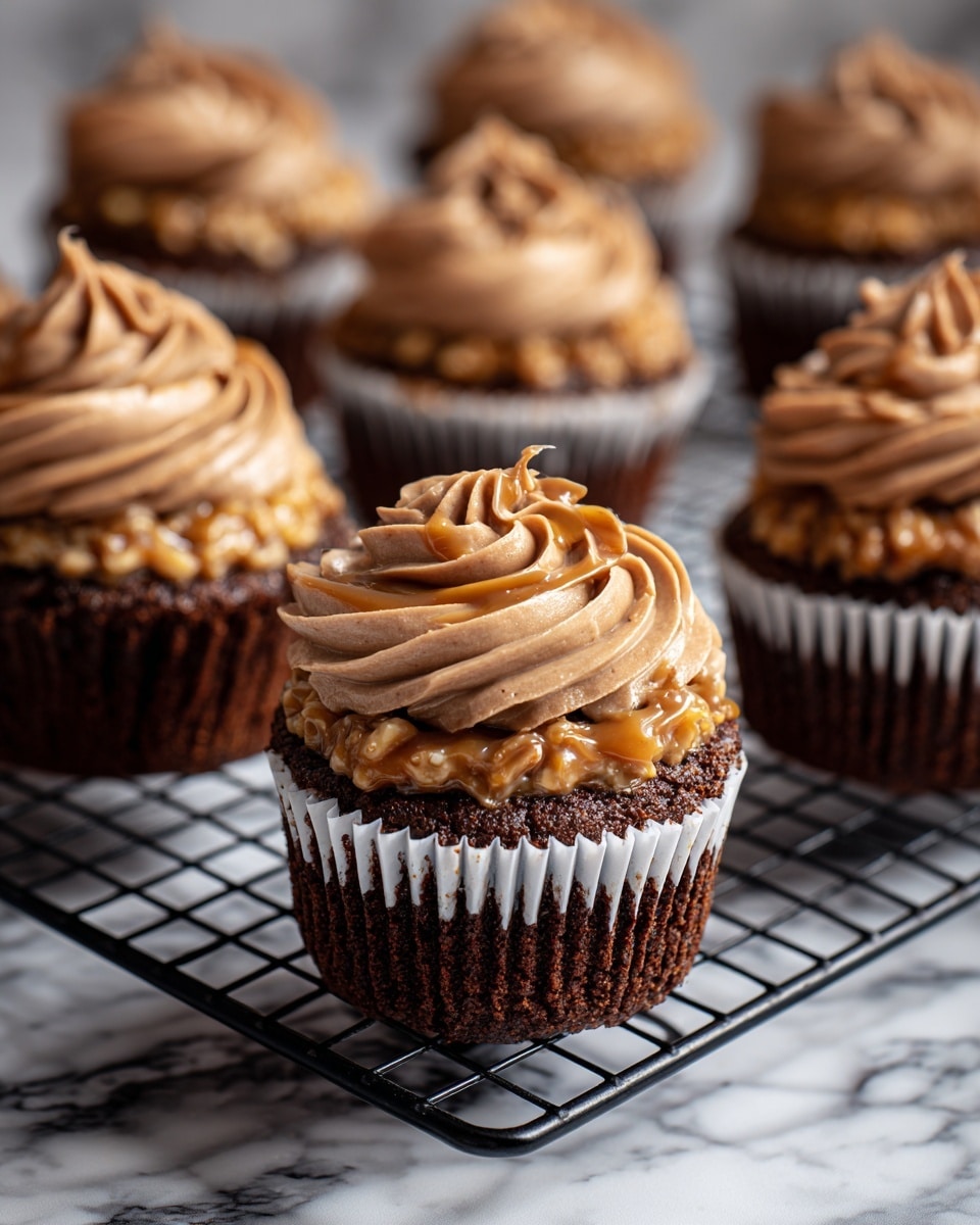 The image shows multiple chocolate cupcakes with three visible layers. The bottom layer is a dark brown moist chocolate cake in white paper liners. The middle layer is a thick, golden-brown caramel and nut mixture with a sticky texture, spread evenly over each cupcake. The top layer is a smooth, swirled chocolate frosting with soft peaks, light brown in color. The cupcakes are arranged on a black cooling rack over a white marbled surface. The photo taken with an iphone --ar 4:5 --v 7